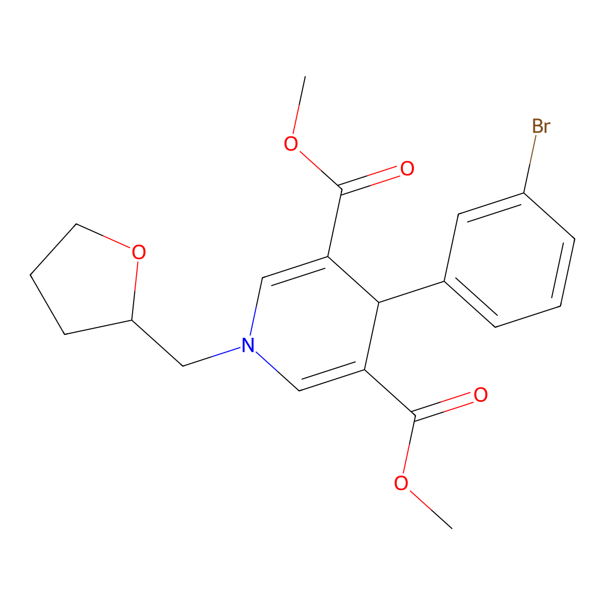 Dimethyl 4-(3-bromophenyl)-1-(tetrahydrofuran-2-ylmethyl)-1,4-dihydropyridine-3,5-dicarboxylate molecular structure, CAS 421571-26-8