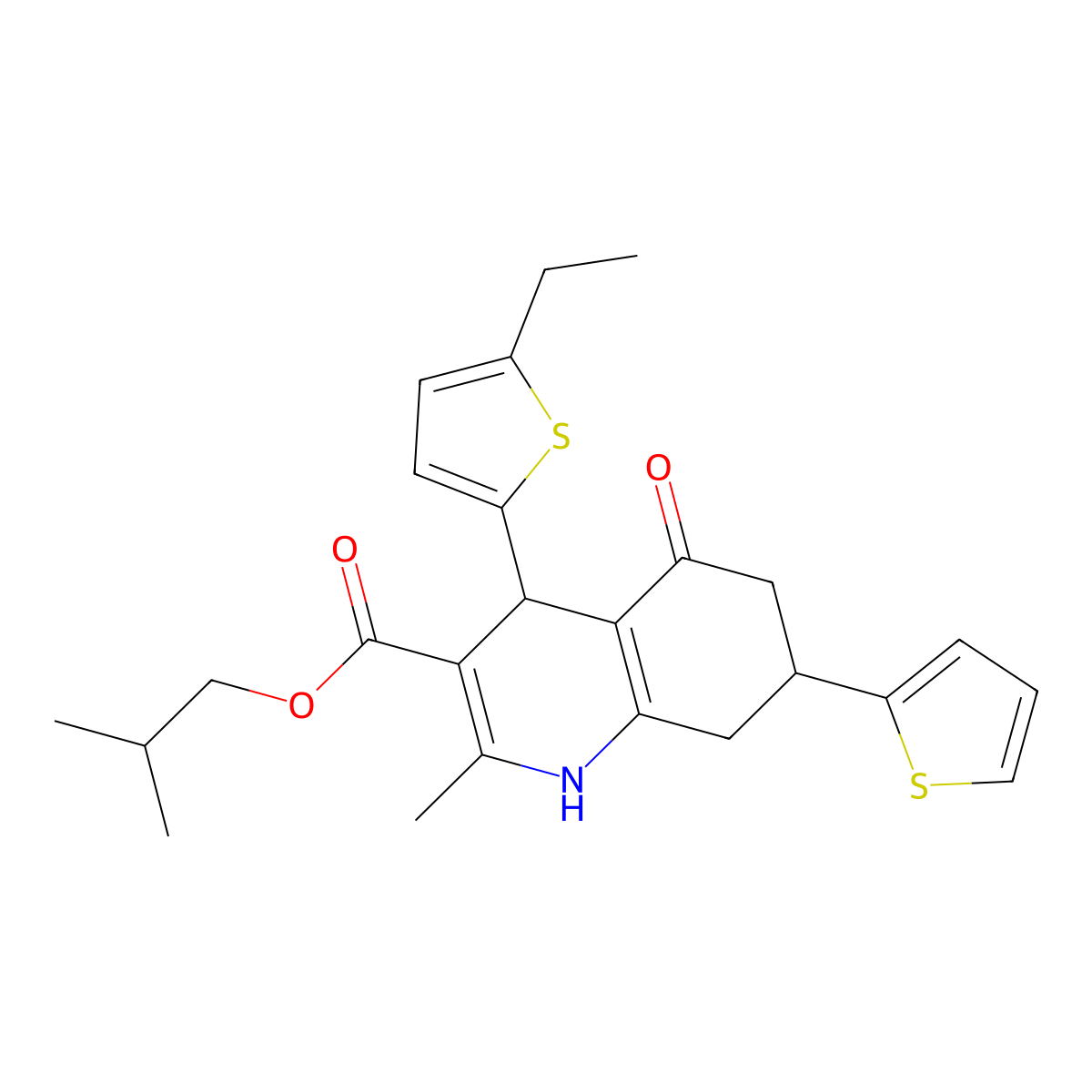 2-Methylpropyl 4-(5-ethylthiophen-2-yl)-2-methyl-5-oxo-7-(thiophen-2-yl)-1,4,5,6,7,8-hexahydroquinoline-3-carboxylate molecular structure, CAS 421571-30-4