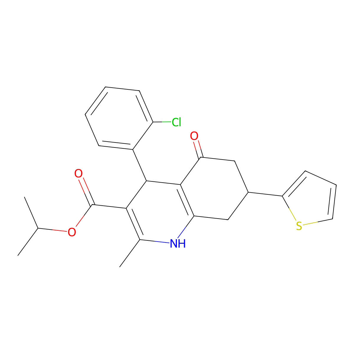 Propan-2-yl 4-(2-chlorophenyl)-2-methyl-5-oxo-7-(thiophen-2-yl)-1,4,5,6,7,8-hexahydroquinoline-3-carboxylate molecular structure, CAS 421571-38-2