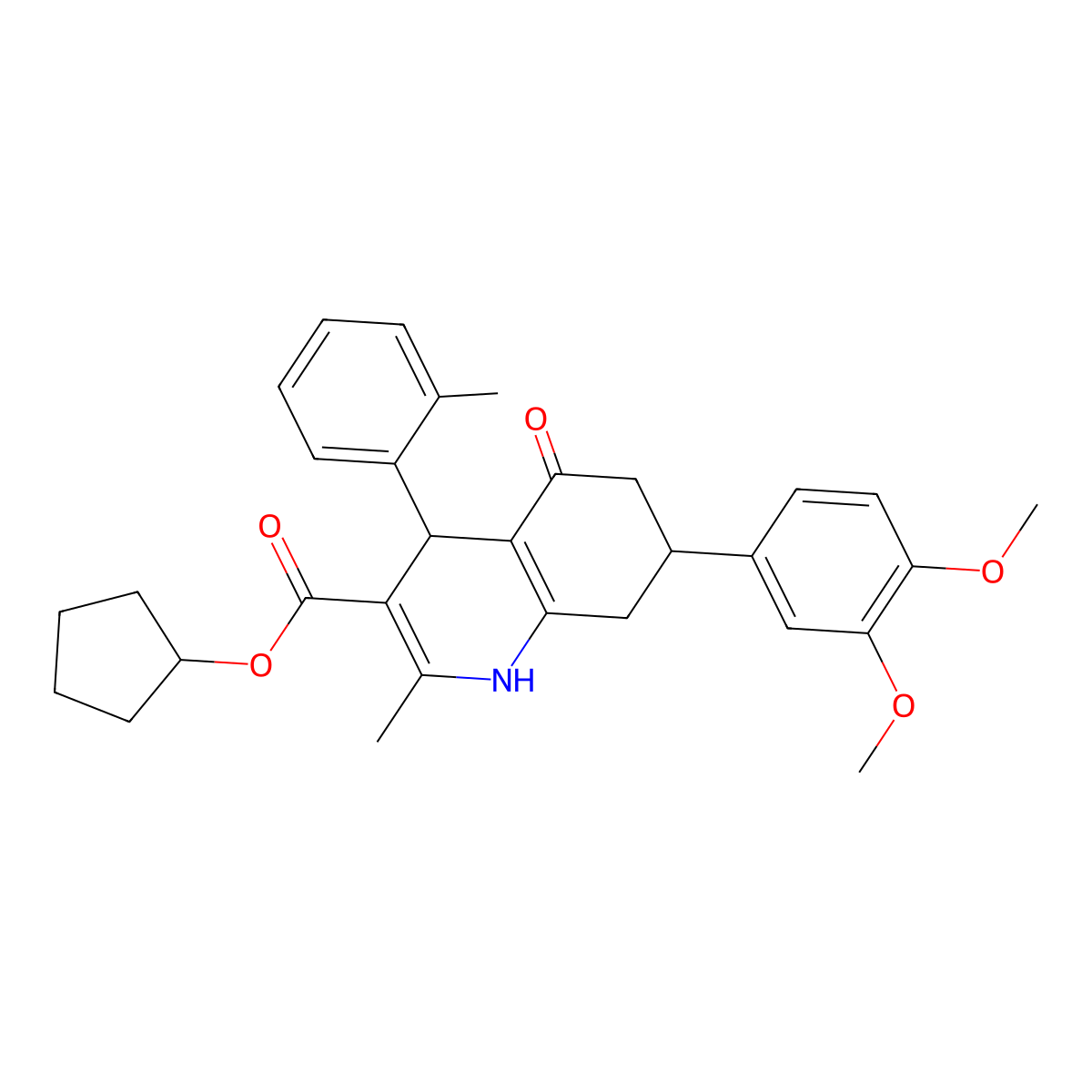 Cyclopentyl 7-(3,4-dimethoxyphenyl)-2-methyl-4-(2-methylphenyl)-5-oxo-1,4,5,6,7,8-hexahydro-3-quinolinecarboxylate molecular structure, CAS 421572-63-6