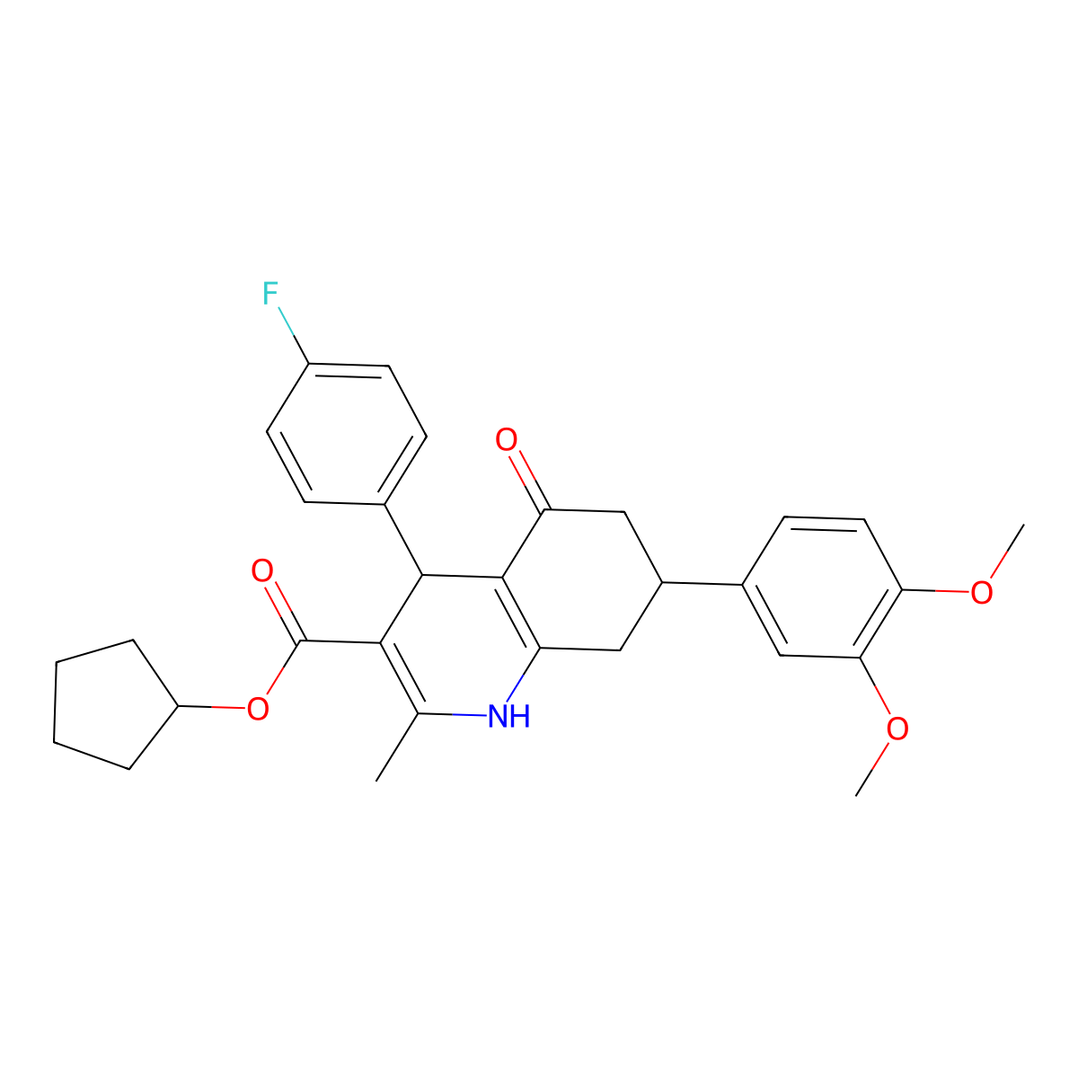 Cyclopentyl 7-(3,4-dimethoxyphenyl)-4-(4-fluorophenyl)-2-methyl-5-oxo-1,4,5,6,7,8-hexahydro-3-quinolinecarboxylate molecular structure, CAS 421572-76-1