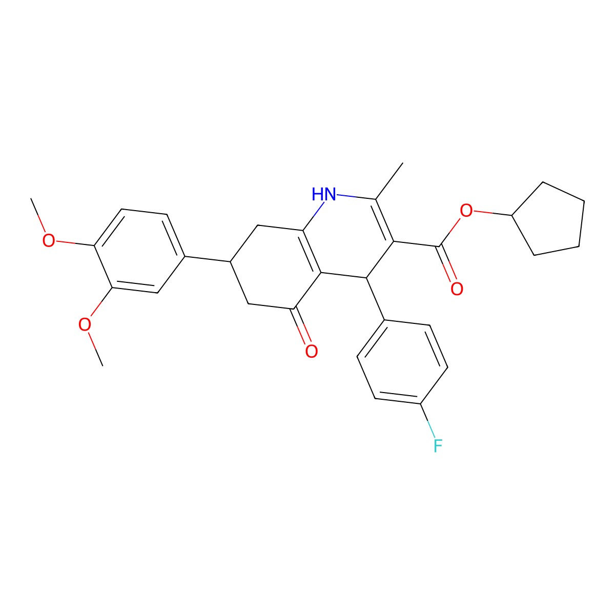 Cyclopentyl 7-(3,4-dimethoxyphenyl)-4-(4-fluorophenyl)-2-methyl-5-oxo-1,4,5,6,7,8-hexahydro-3-quinolinecarboxylate molecular structure, CAS 421572-76-1