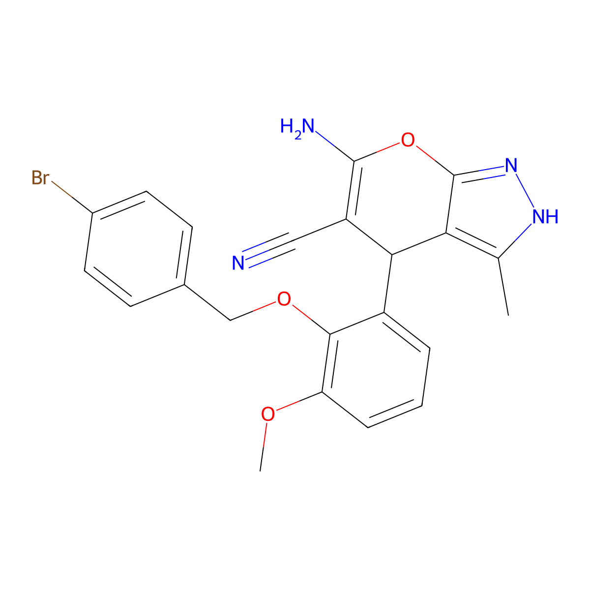 6-Amino-4-{2-[(4-bromobenzyl)oxy]-3-methoxyphenyl}-3-methyl-1,4-dihydropyrano[2,3-c]pyrazole-5-carbonitrile molecular structure, CAS 421573-68-4