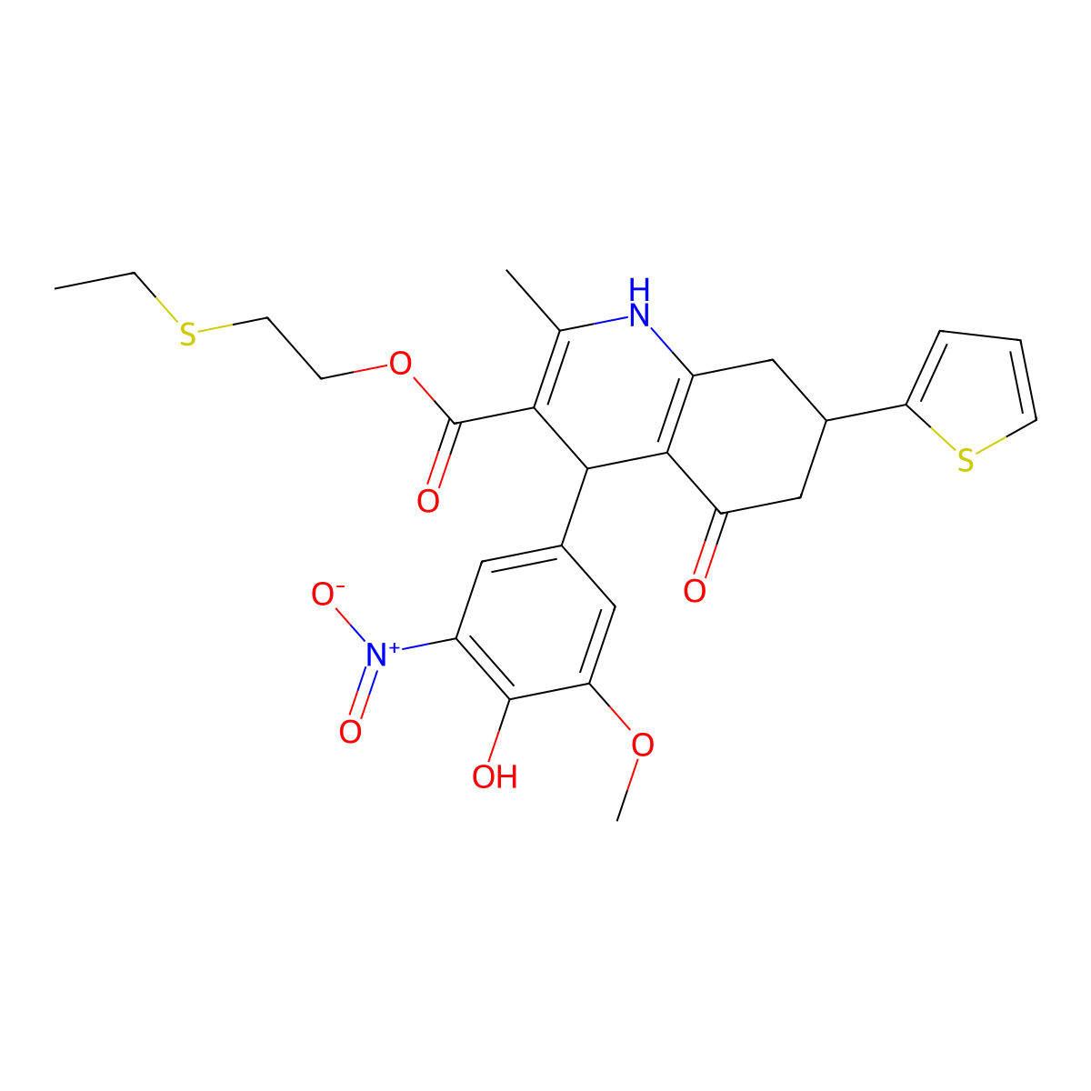 2-(Ethylsulfanyl)ethyl 4-{4-hydroxy-3-nitro-5-methoxyphenyl}-2-methyl-5-oxo-7-(2-thienyl)-1,4,5,6,7,8-hexahydro-3-quinolinecarboxylate molecular structure, CAS 421574-50-7