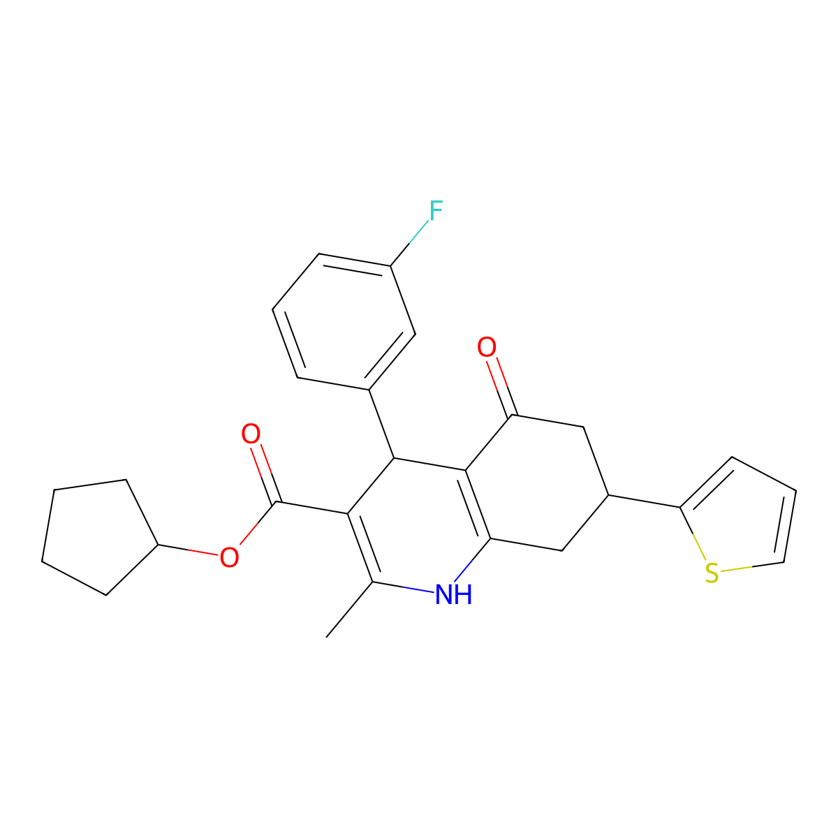 Cyclopentyl 4-(3-fluorophenyl)-2-methyl-5-oxo-7-(thiophen-2-yl)-1,4,5,6,7,8-hexahydroquinoline-3-carboxylate molecular structure, CAS 421574-52-9