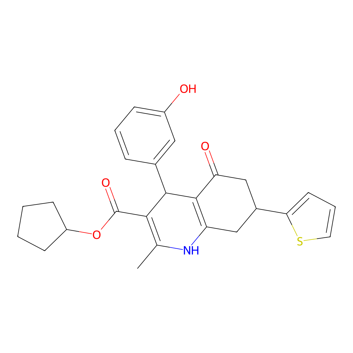 Cyclopentyl 4-(3-hydroxyphenyl)-2-methyl-5-oxo-7-(thiophen-2-yl)-1,4,5,6,7,8-hexahydroquinoline-3-carboxylate molecular structure, CAS 421574-56-3