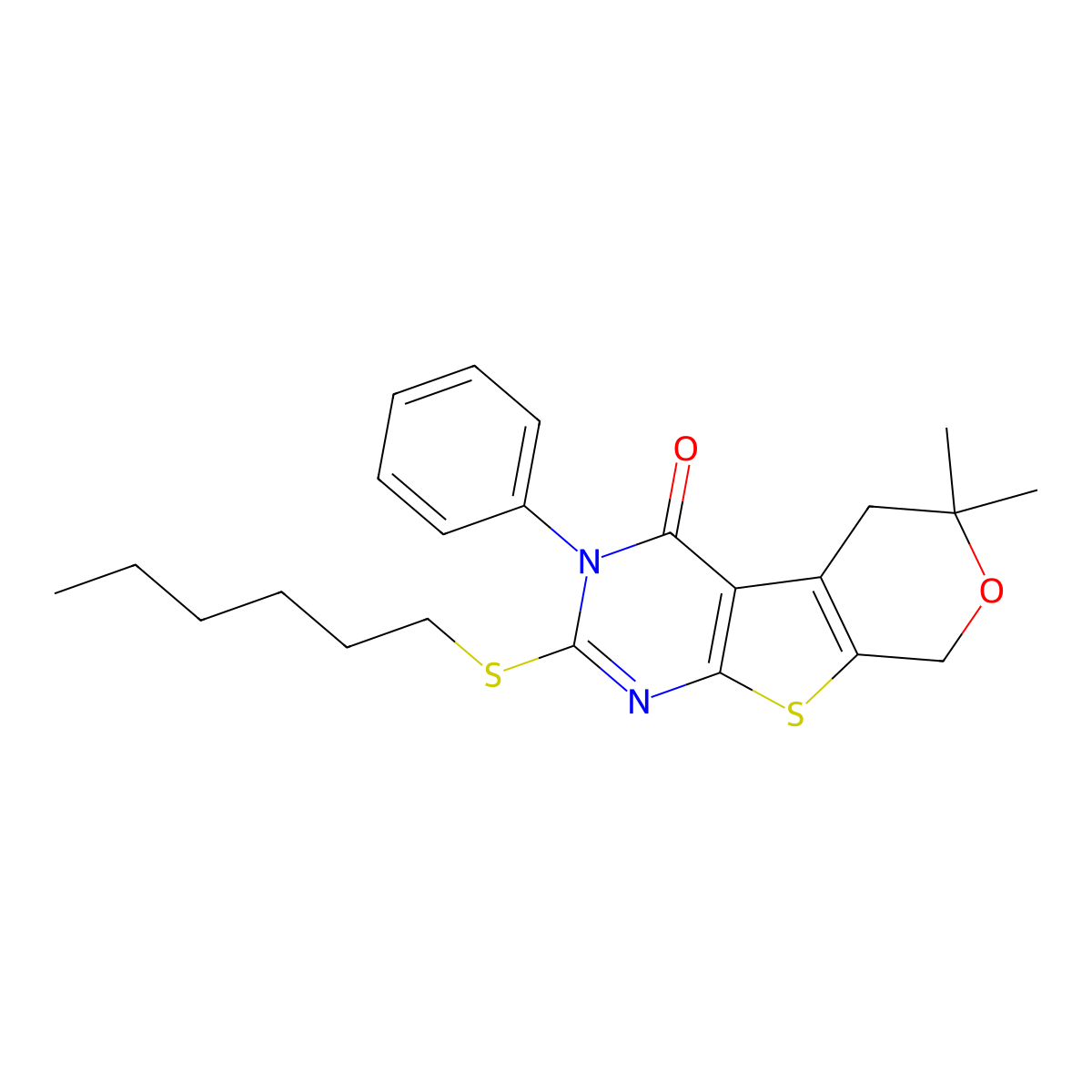 2-(hexylsulfanyl)-6,6-dimethyl-3-phenyl-3,5,6,8-tetrahydro-4H-pyrano[4',3':4,5]thieno[2,3-d]pyrimidin-4-one molecular structure, CAS 421574-97-2