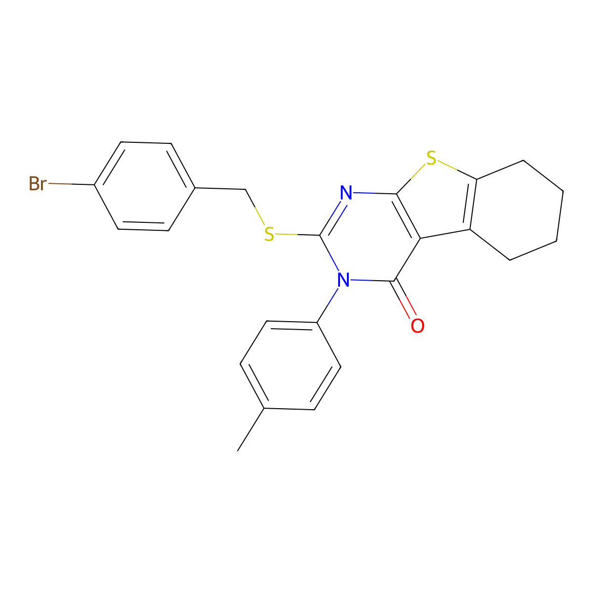2-[(4-bromobenzyl)sulfanyl]-3-(4-methylphenyl)-5,6,7,8-tetrahydro[1]benzothieno[2,3-d]pyrimidin-4(3H)-one molecular structure, CAS 421575-11-3
