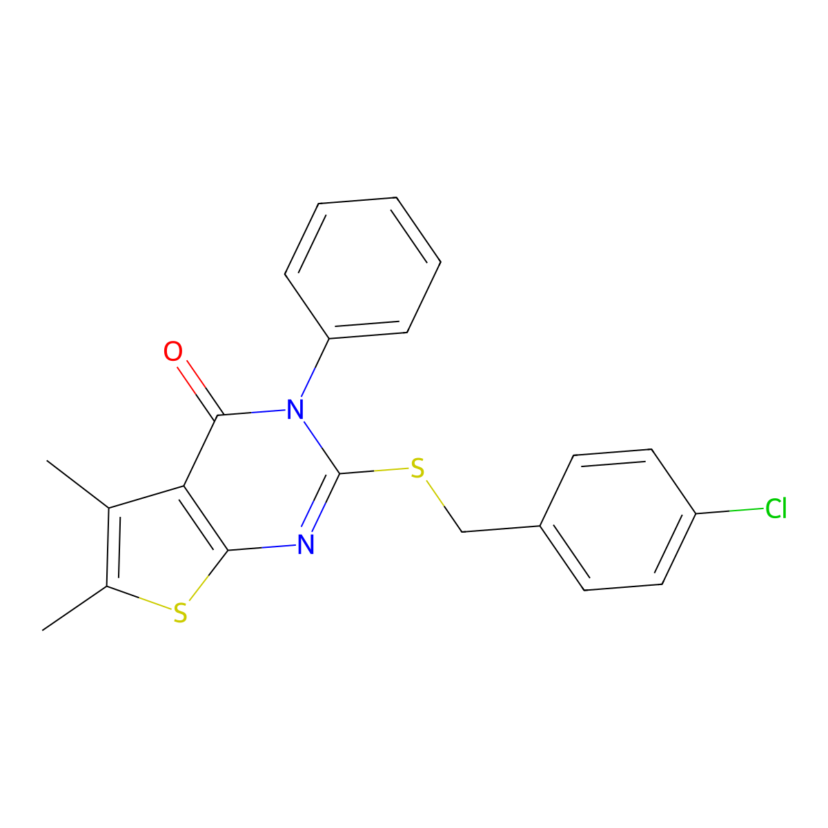 2-[(4-Chlorophenyl)methylsulfanyl]-5,6-dimethyl-3-phenylthieno[2,3-d]pyrimidin-4-one molecular structure, CAS 421575-13-5