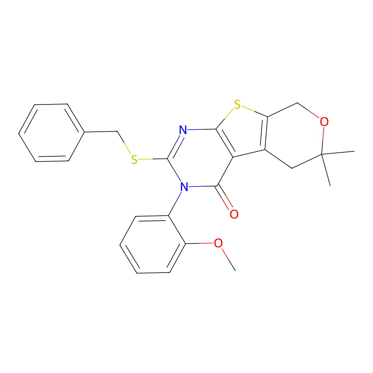2-(benzylsulfanyl)-3-(2-methoxyphenyl)-6,6-dimethyl-3,5,6,8-tetrahydro-4H-pyrano[4',3':4,5]thieno[2,3-d]pyrimidin-4-one molecular structure, CAS 421575-27-1