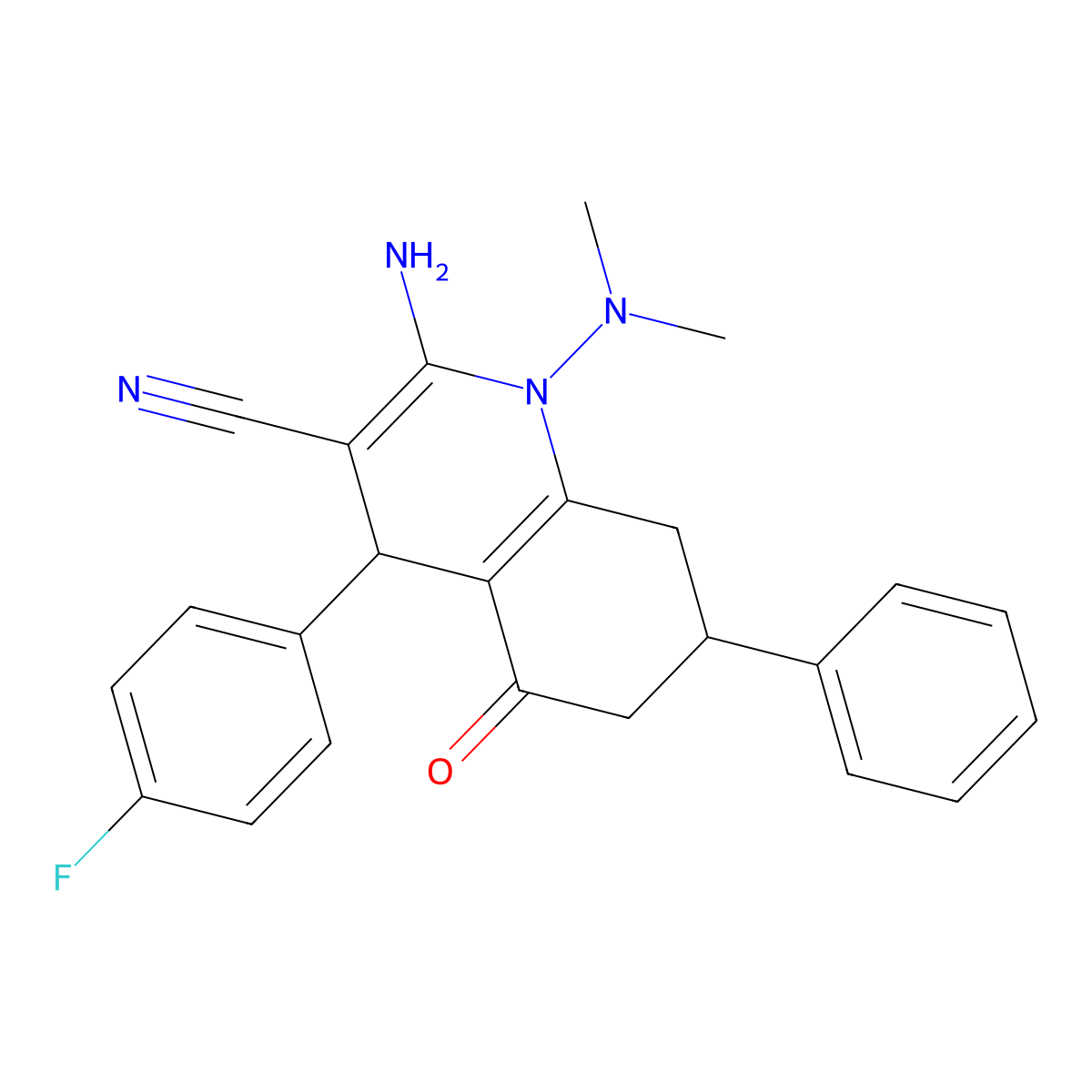 2-Amino-1-(dimethylamino)-4-(4-fluorophenyl)-5-oxo-7-phenyl-4,6,7,8-tetrahydroquinoline-3-carbonitrile molecular structure, CAS 421577-47-1