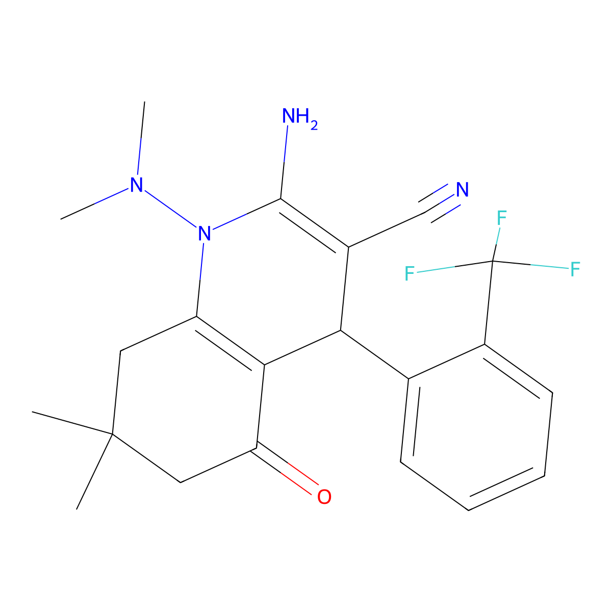 2-amino-1-(dimethylamino)-7,7-dimethyl-5-oxo-4-[2-(trifluoromethyl)phenyl]-6,8-dihydro-4H-quinoline-3-carbonitrile molecular structure, CAS 421577-59-5