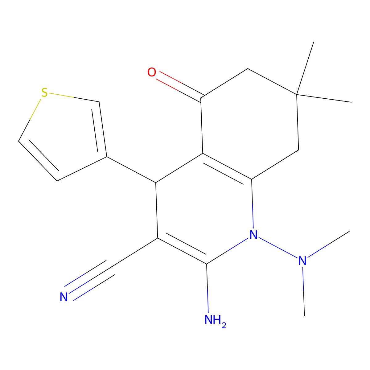 2-amino-1-(dimethylamino)-7,7-dimethyl-5-oxo-4-thiophen-3-yl-6,8-dihydro-4H-quinoline-3-carbonitrile molecular structure, CAS 421577-74-4