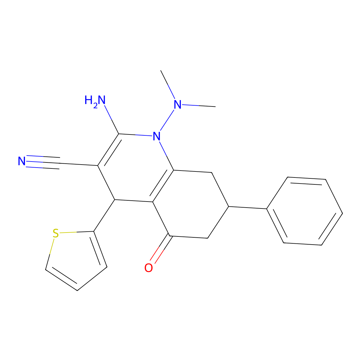2-Amino-1-(dimethylamino)-5-oxo-7-phenyl-4-thiophen-2-yl-4,6,7,8-tetrahydroquinoline-3-carbonitrile molecular structure, CAS 421577-76-6