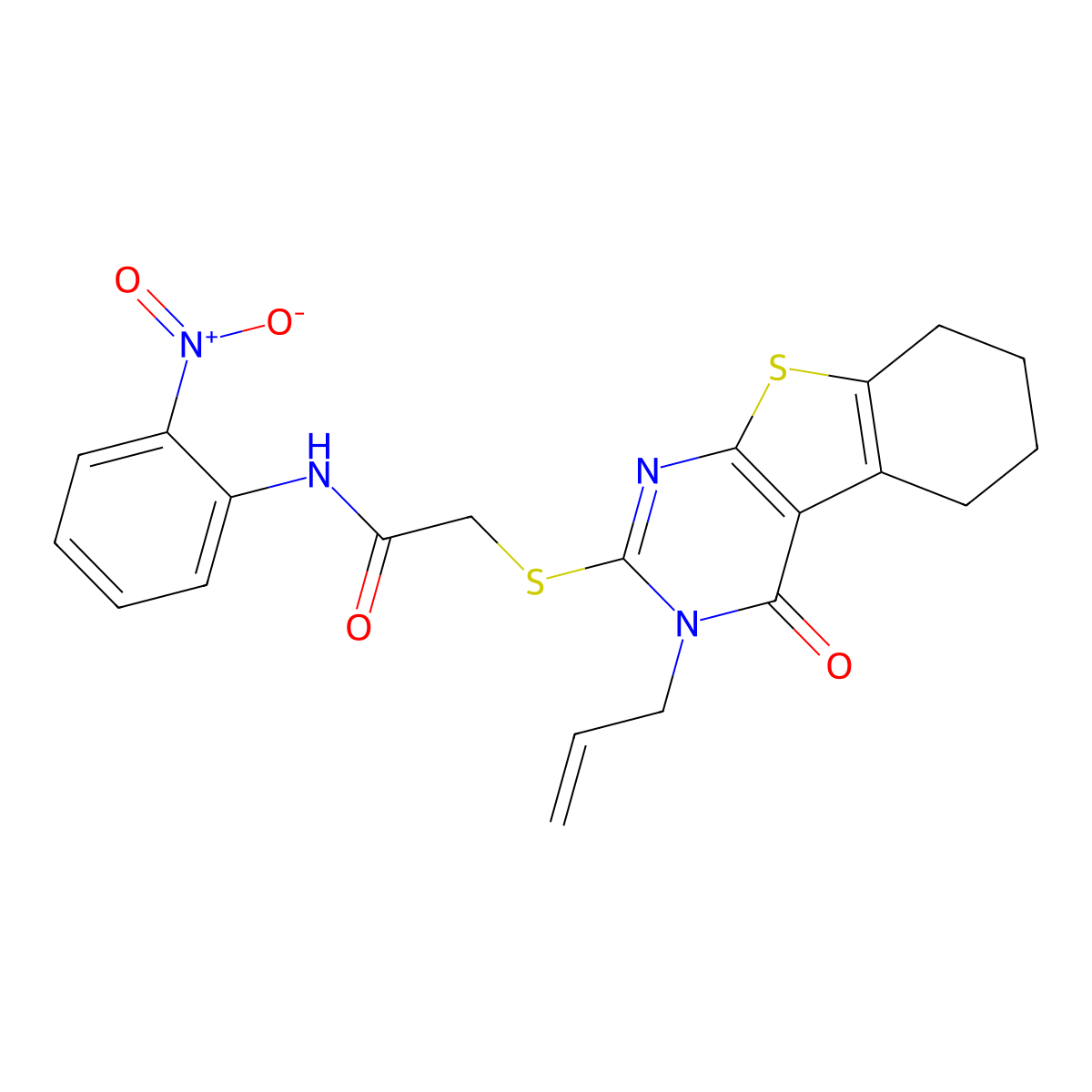 N-(2-nitrophenyl)-2-[(4-oxo-3-prop-2-enyl-5,6,7,8-tetrahydro-[1]benzothiolo[2,3-d]pyrimidin-2-yl)sulfanyl]acetamide molecular structure, CAS 421577-86-8