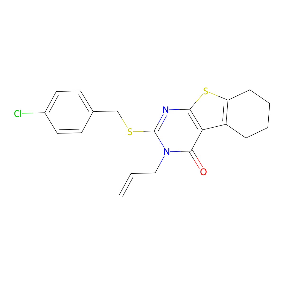 3-allyl-2-[(4-chlorobenzyl)sulfanyl]-5,6,7,8-tetrahydro[1]benzothieno[2,3-d]pyrimidin-4(3H)-one molecular structure, CAS 421577-87-9
