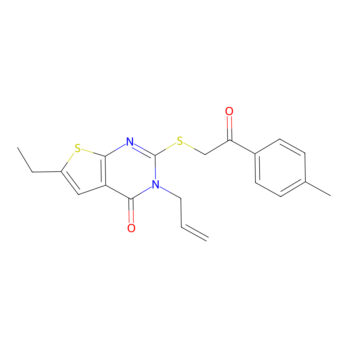 3-allyl-6-ethyl-2-((2-oxo-2-(p-tolyl)ethyl)thio)thieno[2,3-d]pyrimidin-4(3H)-one molecular structure, CAS 421577-88-0