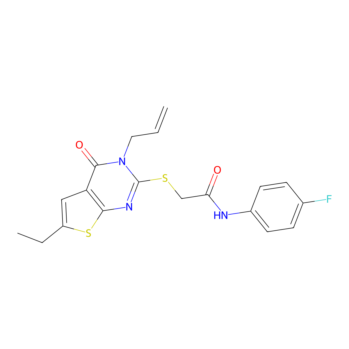 2-((3-allyl-6-ethyl-4-oxo-3,4-dihydrothieno[2,3-d]pyrimidin-2-yl)thio)-N-(4-fluorophenyl)acetamide molecular structure, CAS 421577-93-7