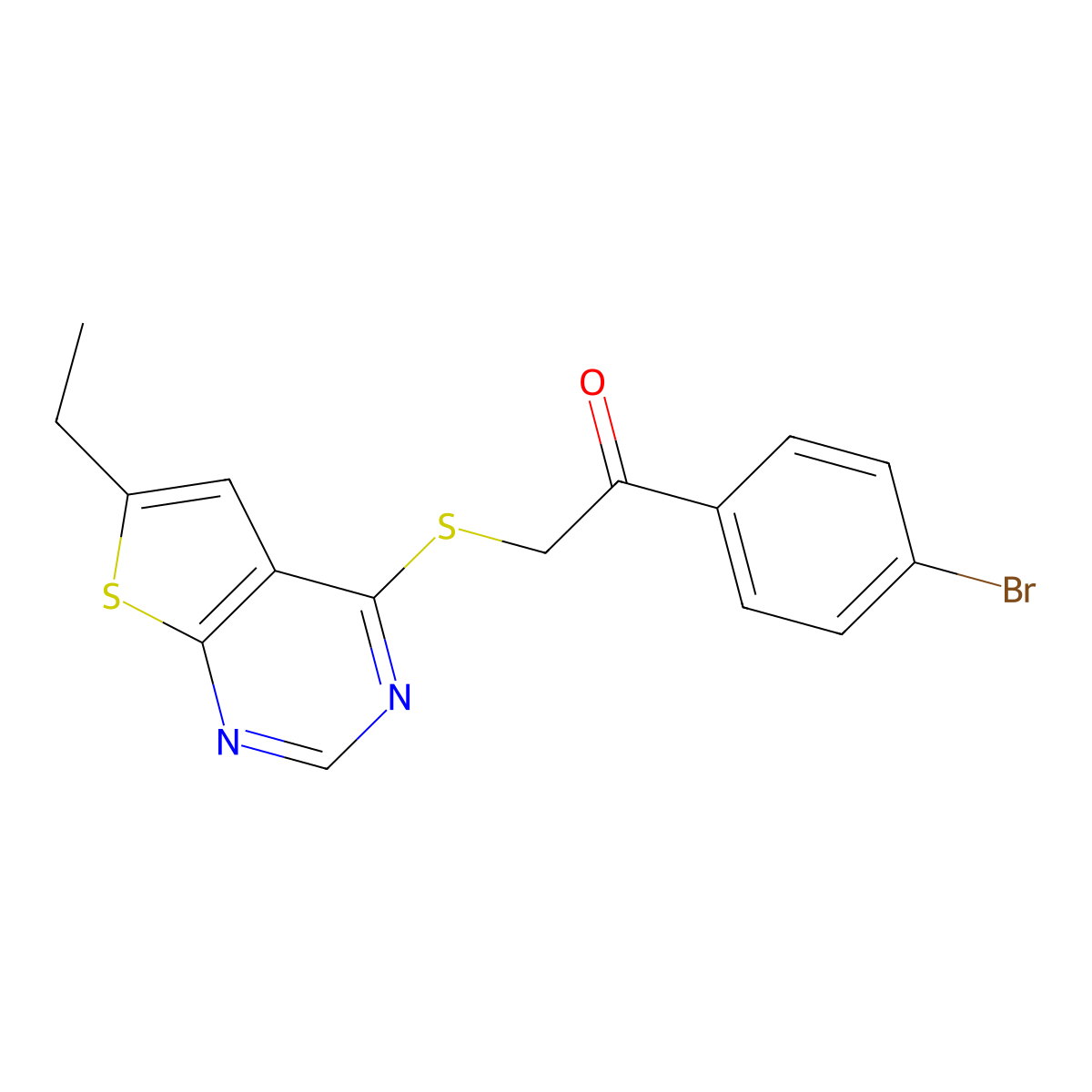 1-(4-Bromophenyl)-2-((6-ethylthieno[2,3-d]pyrimidin-4-yl)thio)ethanone molecular structure, CAS 421578-40-7