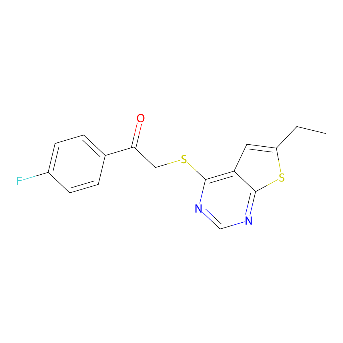 2-((6-Ethylthieno[2,3-d]pyrimidin-4-yl)thio)-1-(4-fluorophenyl)ethanone molecular structure, CAS 421578-41-8