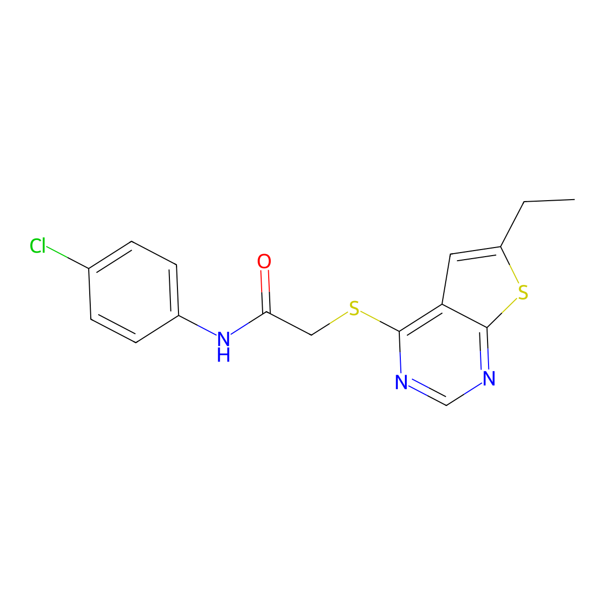 N-(4-chlorophenyl)-2-(6-ethylthieno[2,3-d]pyrimidin-4-yl)sulfanylacetamide molecular structure, CAS 421578-43-0