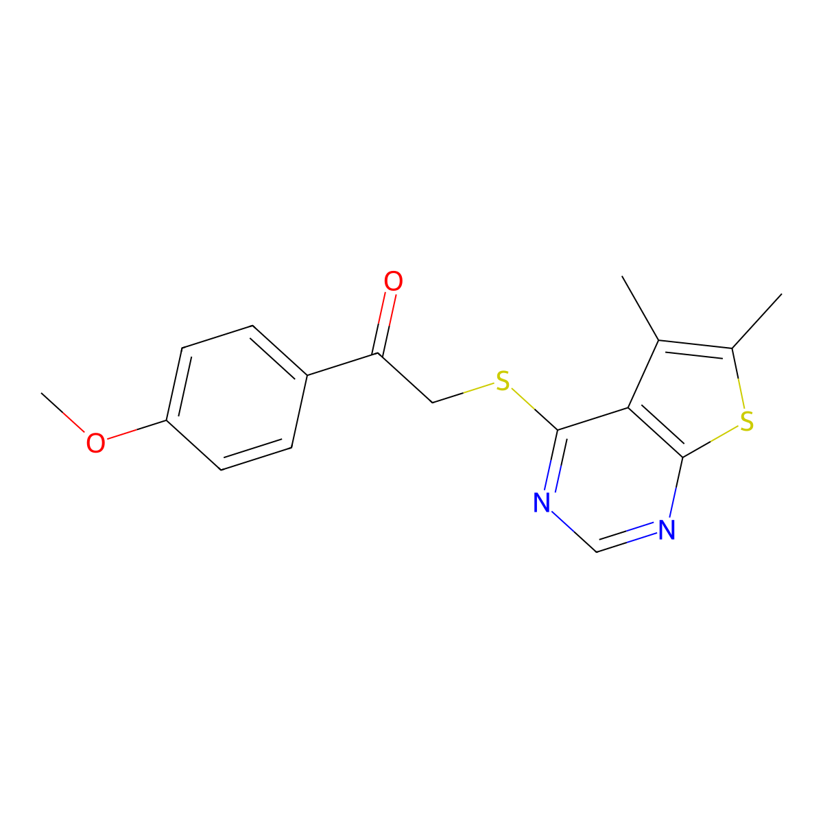2-(5,6-Dimethylthieno[2,3-d]pyrimidin-4-yl)sulfanyl-1-(4-methoxyphenyl)ethanone molecular structure, CAS 421578-45-2