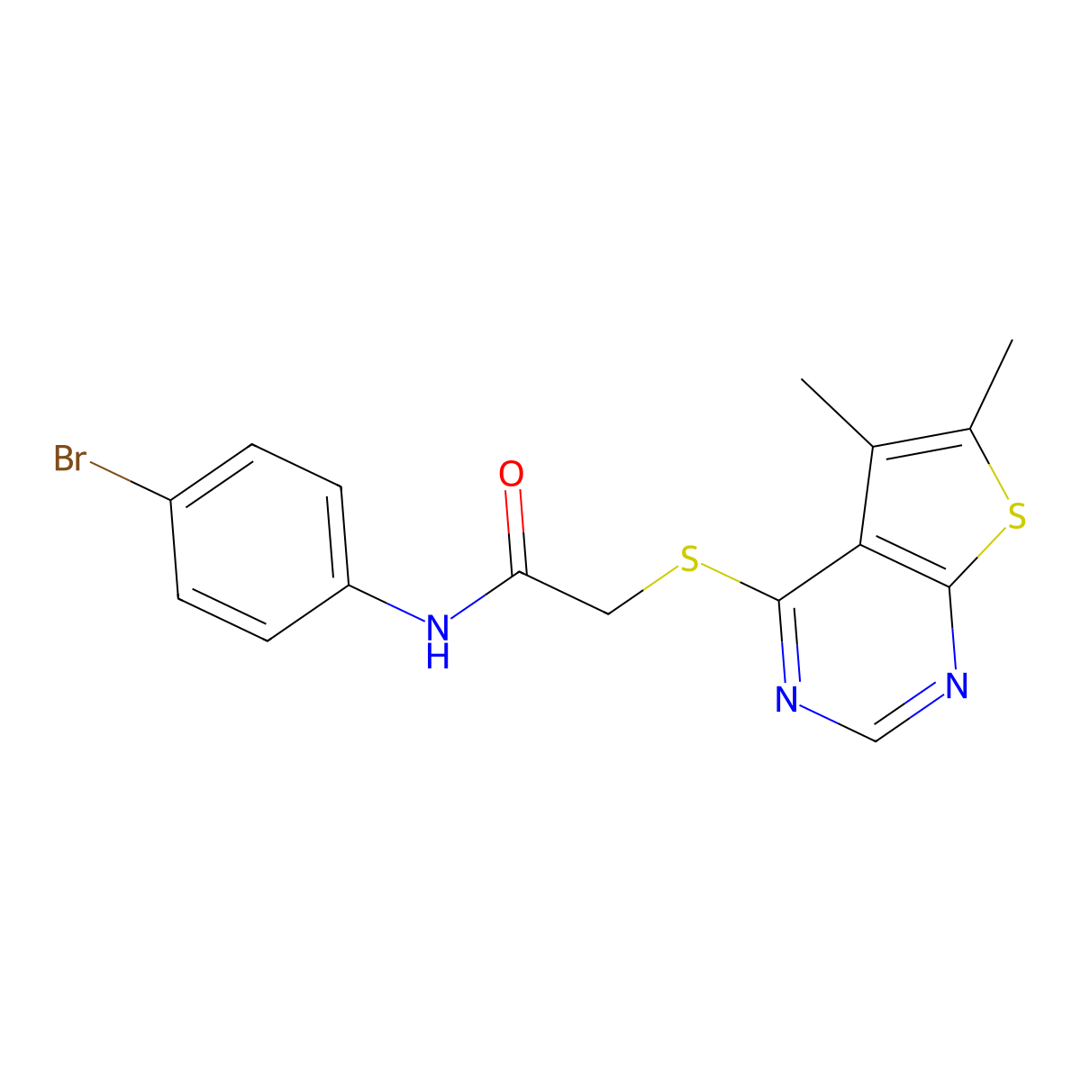 N-(4-bromophenyl)-2-((5,6-dimethylthieno[2,3-d]pyrimidin-4-yl)thio)acetamide molecular structure, CAS 421578-48-5
