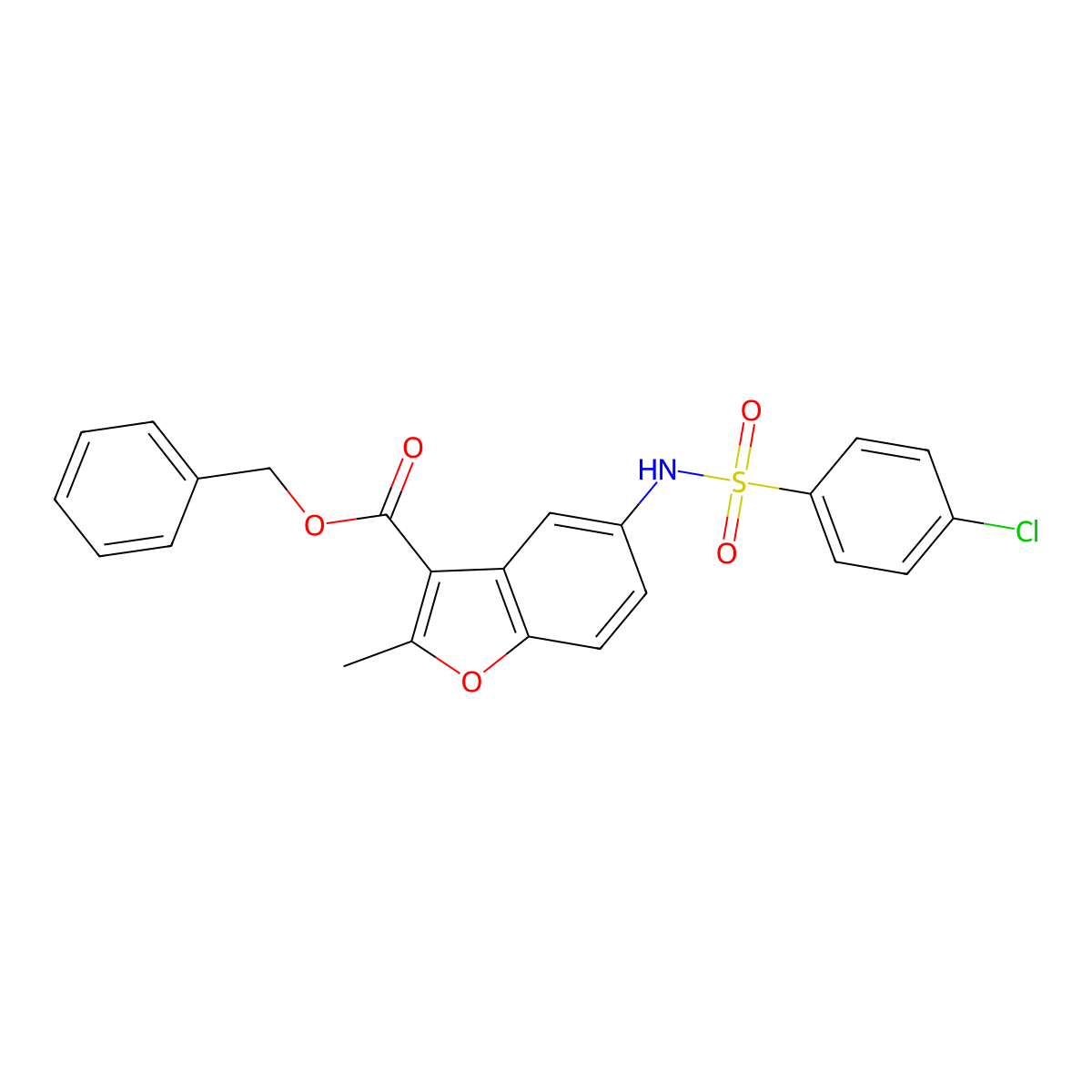 Benzyl 5-{[(4-chlorophenyl)sulfonyl]amino}-2-methyl-1-benzofuran-3-carboxylate molecular structure, CAS 421580-29-2