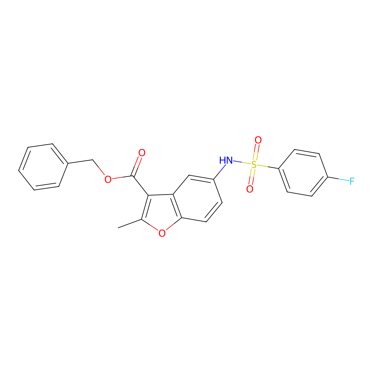Benzyl 5-(4-fluorobenzenesulfonamido)-2-methyl-1-benzofuran-3-carboxylate molecular structure, CAS 421580-33-8