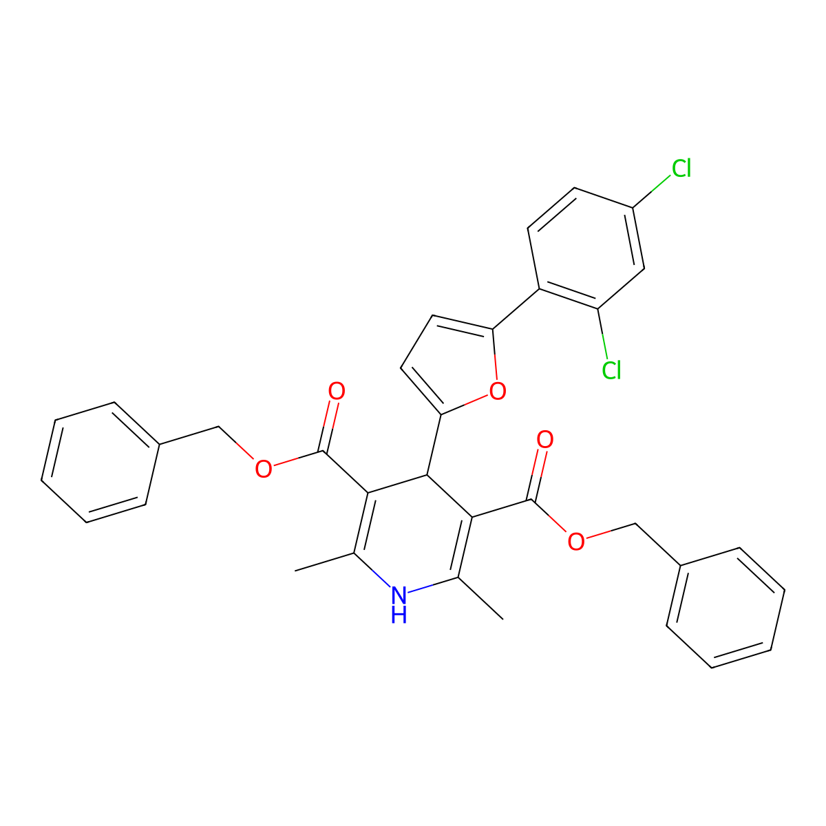 Dibenzyl 4-[5-(2,4-dichlorophenyl)-2-furyl]-2,6-dimethyl-1,4-dihydro-3,5-pyridinedicarboxylate molecular structure, CAS 421580-72-5