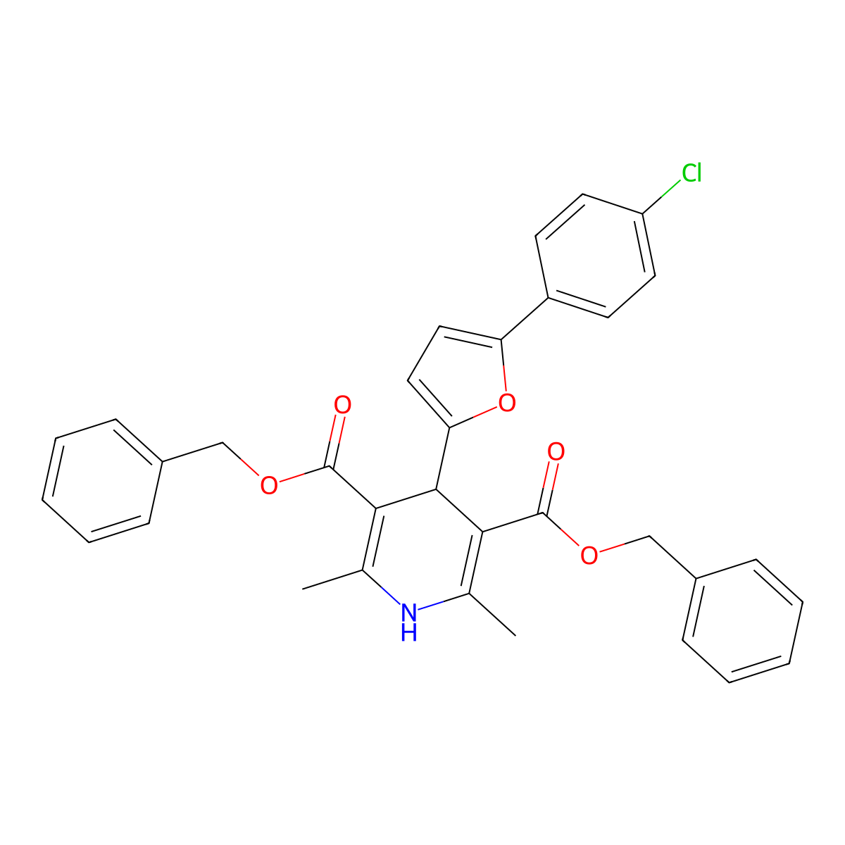 Dibenzyl 4-(5-(4-chlorophenyl)-2-furyl)-2,6-dimethyl-1,4-dihydro-3,5-pyridinedicarboxylate molecular structure, CAS 421580-73-6