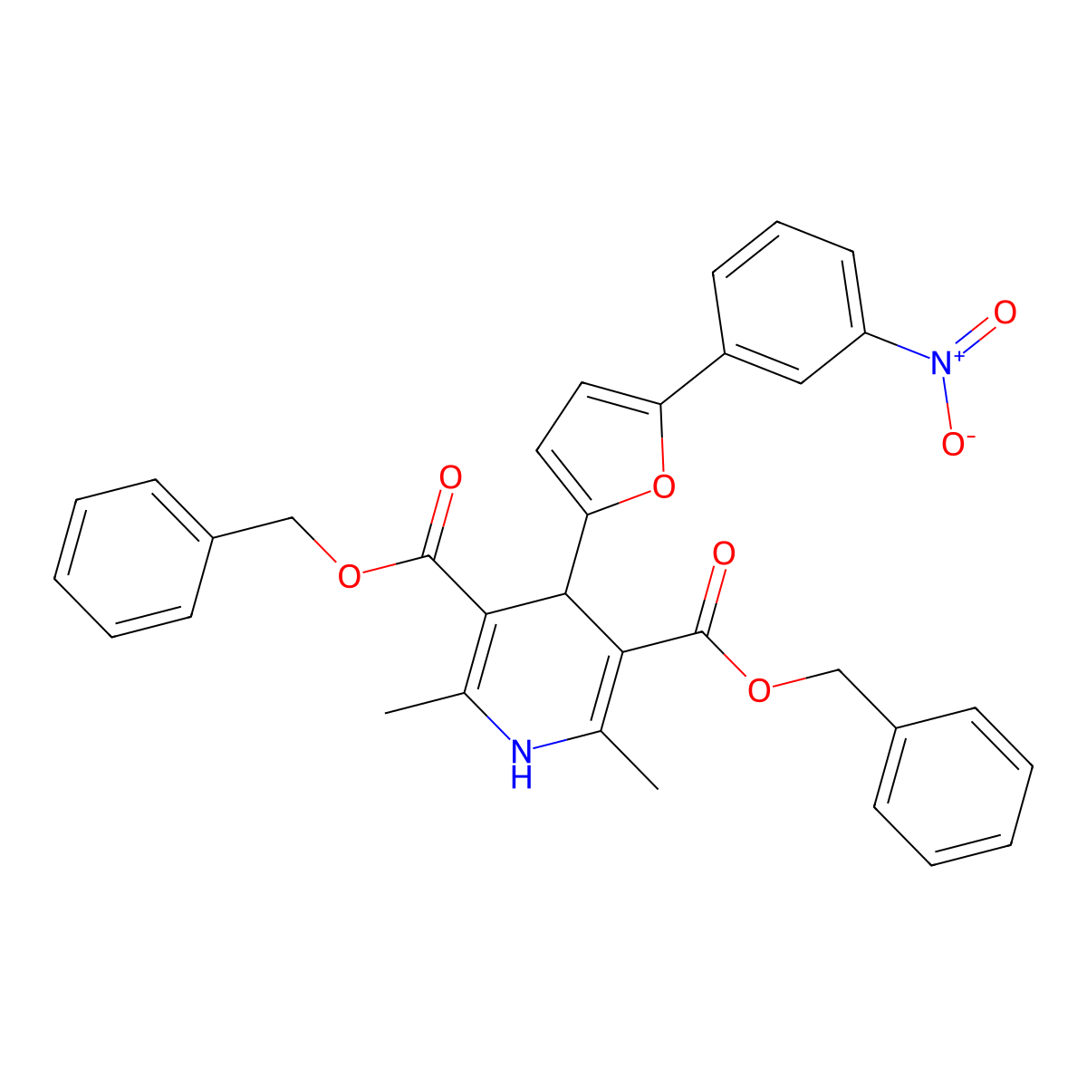 Dibenzyl 2,6-dimethyl-4-(5-(3-nitrophenyl)-2-furyl)-1,4-dihydro-3,5-pyridinedicarboxylate molecular structure, CAS 421580-74-7