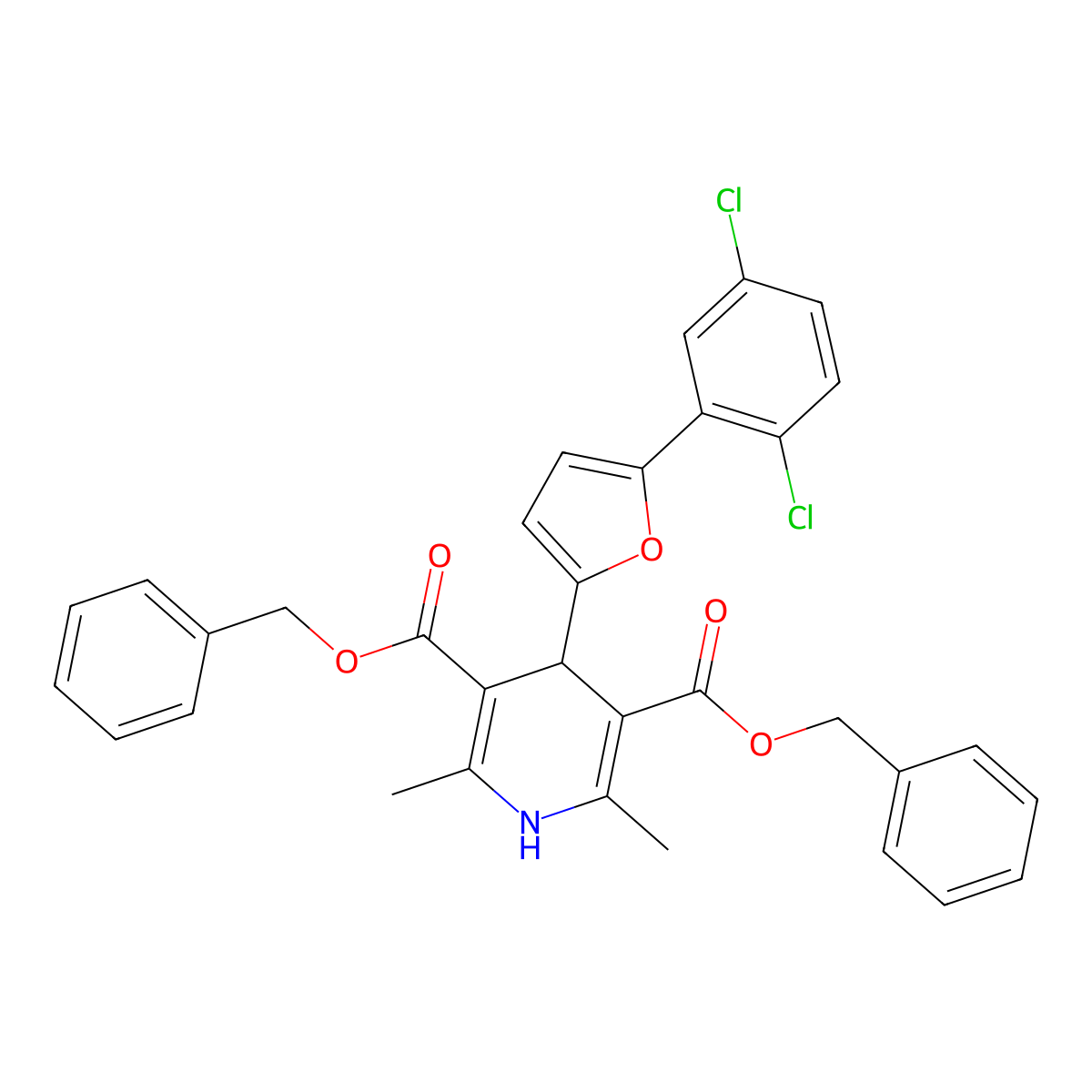 Dibenzyl 4-[5-(2,5-dichlorophenyl)-2-furyl]-2,6-dimethyl-1,4-dihydro-3,5-pyridinedicarboxylate molecular structure, CAS 421580-75-8