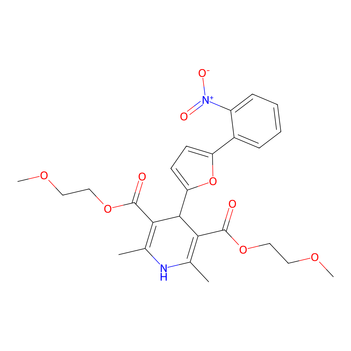 Bis(2-methoxyethyl) 2,6-dimethyl-4-(5-(2-nitrophenyl)-2-furyl)-1,4-dihydro-3,5-pyridinedicarboxylate molecular structure, CAS 421580-78-1