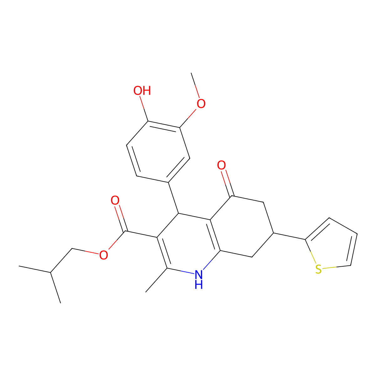 2-Methylpropyl 4-(4-hydroxy-3-methoxyphenyl)-2-methyl-5-oxo-7-(thiophen-2-yl)-1,4,5,6,7,8-hexahydroquinoline-3-carboxylate molecular structure, CAS 421582-30-1