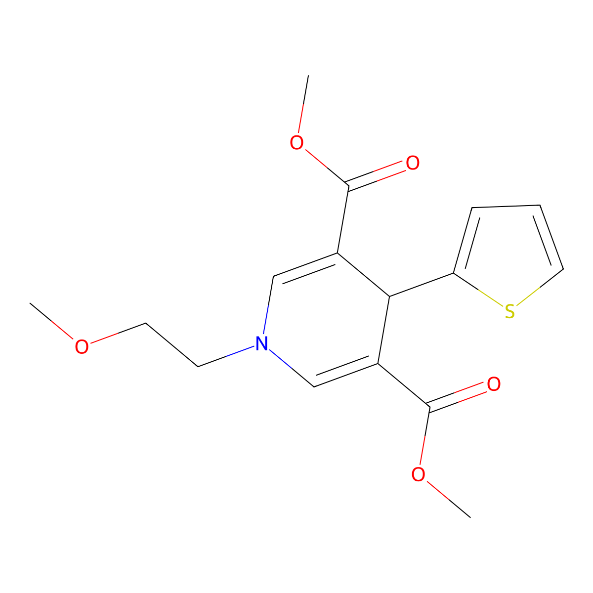 Dimethyl 1-(2-methoxyethyl)-4-(thiophen-2-yl)-1,4-dihydropyridine-3,5-dicarboxylate molecular structure, CAS 421582-44-7
