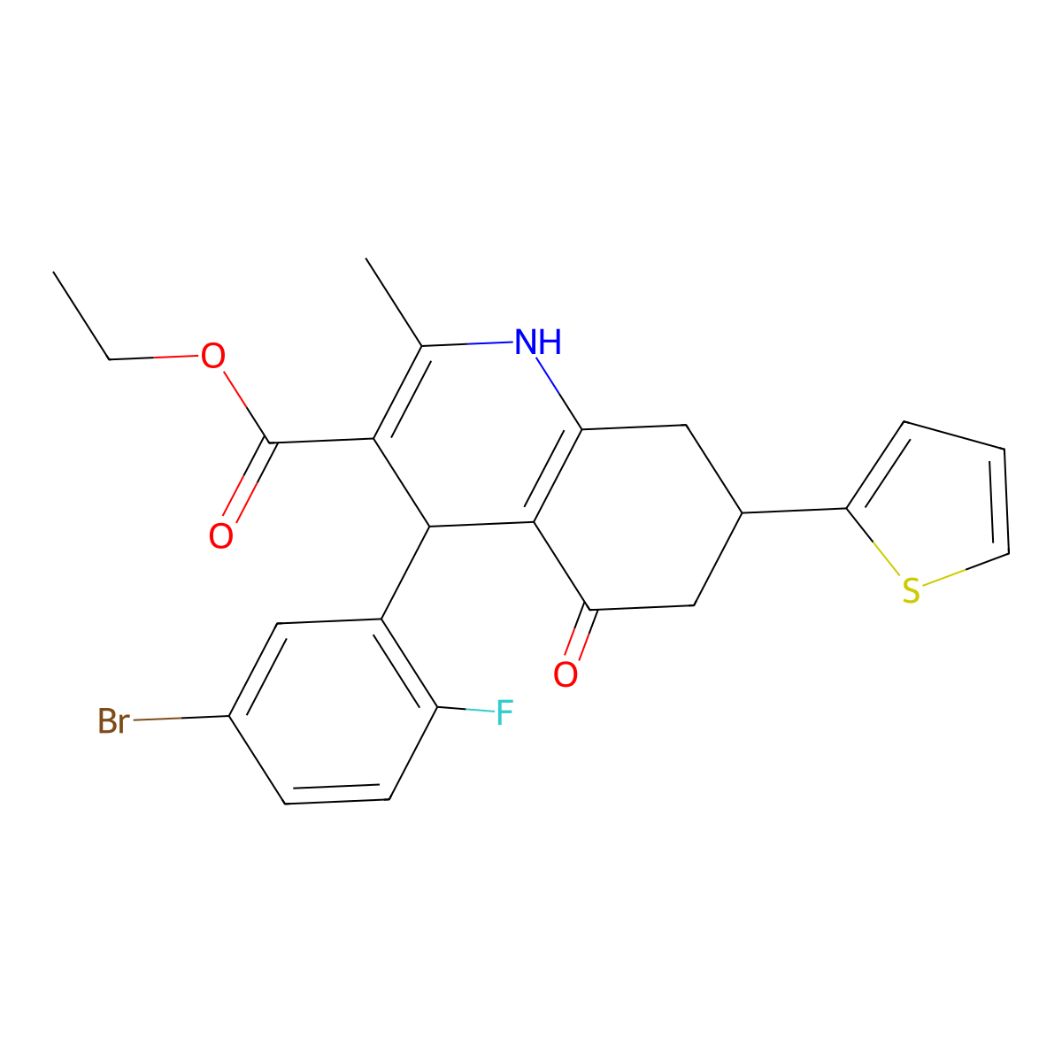 Ethyl 4-(5-bromo-2-fluorophenyl)-2-methyl-5-oxo-7-(thiophen-2-yl)-1,4,5,6,7,8-hexahydroquinoline-3-carboxylate molecular structure, CAS 421582-46-9