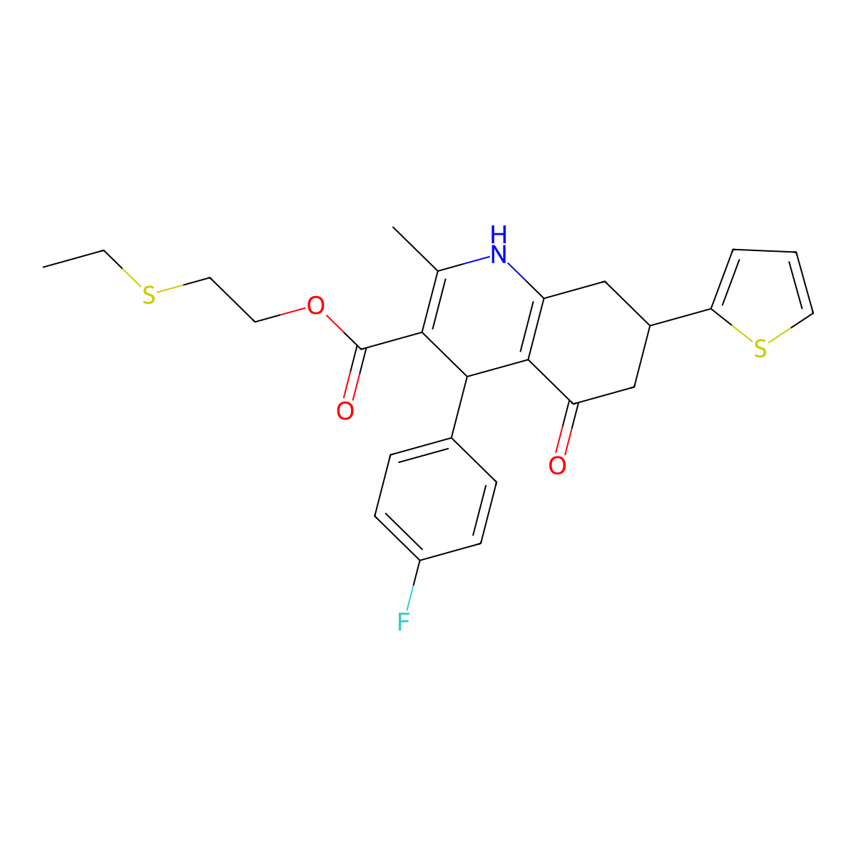 2-(Ethylsulfanyl)ethyl 4-(4-fluorophenyl)-2-methyl-5-oxo-7-(thiophen-2-yl)-1,4,5,6,7,8-hexahydroquinoline-3-carboxylate molecular structure, CAS 421582-56-1