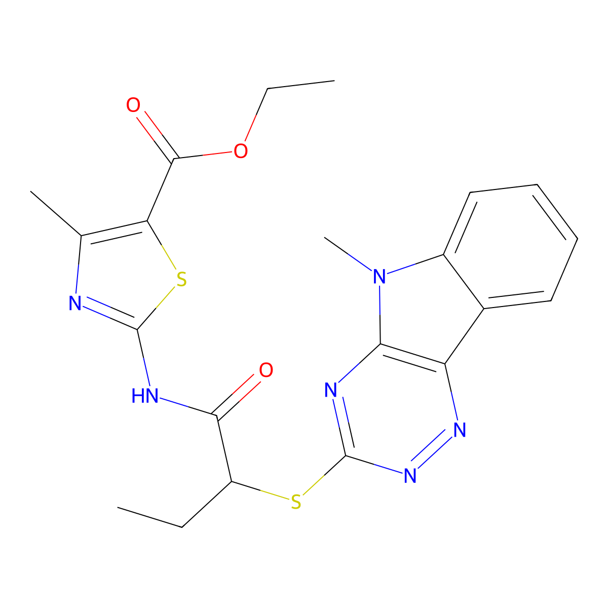 ethyl 4-methyl-2-({2-[(5-methyl-5H-[1,2,4]triazino[5,6-b]indol-3-yl)sulfanyl]butanoyl}amino)-1,3-thiazole-5-carboxylate molecular structure, CAS 421583-63-3