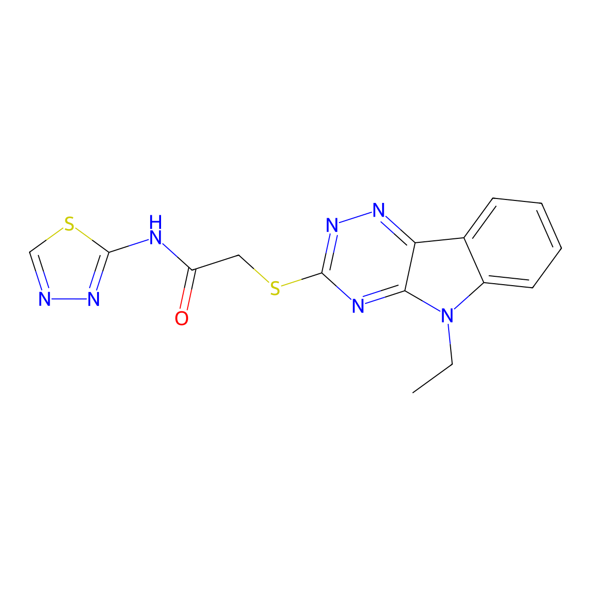 2-[(5-ethyl-[1,2,4]triazino[5,6-b]indol-3-yl)sulfanyl]-N-(1,3,4-thiadiazol-2-yl)acetamide molecular structure, CAS 421583-67-7