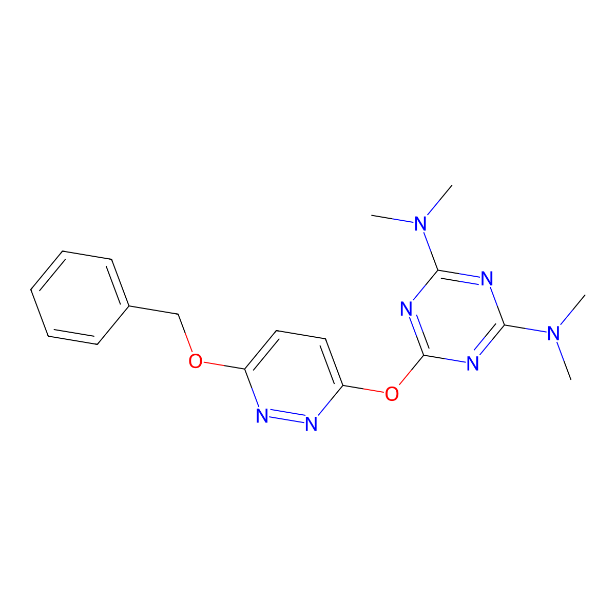 2-N,2-N,4-N,4-N-tetramethyl-6-(6-phenylmethoxypyridazin-3-yl)oxy-1,3,5-triazine-2,4-diamine molecular structure, CAS 421583-75-7