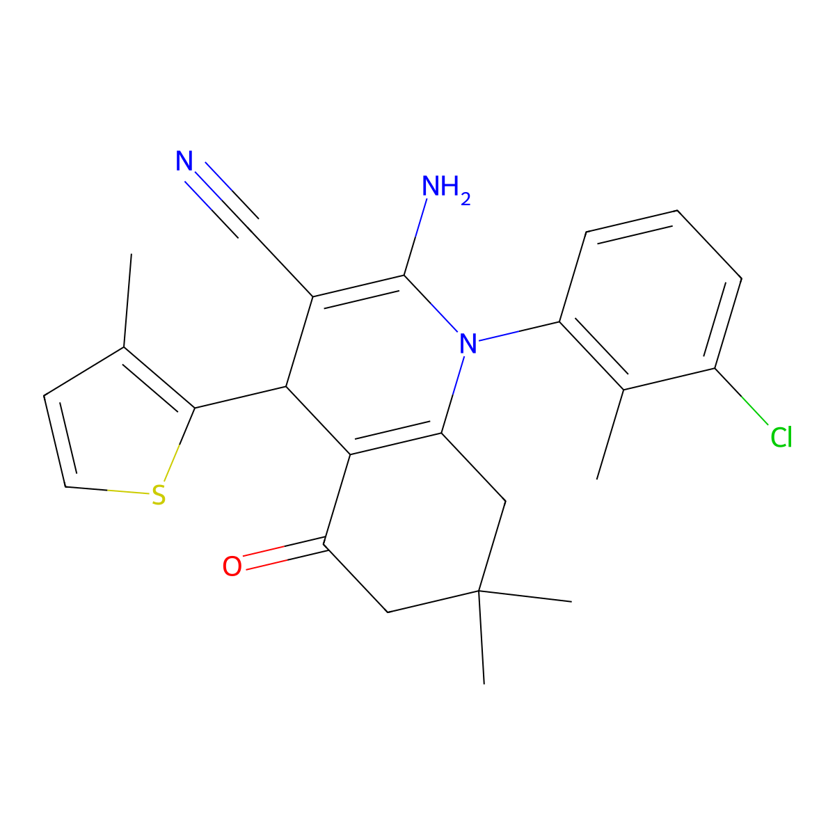 2-Amino-1-(3-chloro-2-methylphenyl)-7,7-dimethyl-4-(3-methyl-2-thienyl)-5-oxo-1,4,5,6,7,8-hexahydro-3-quinolinecarbonitrile molecular structure, CAS 421584-66-9