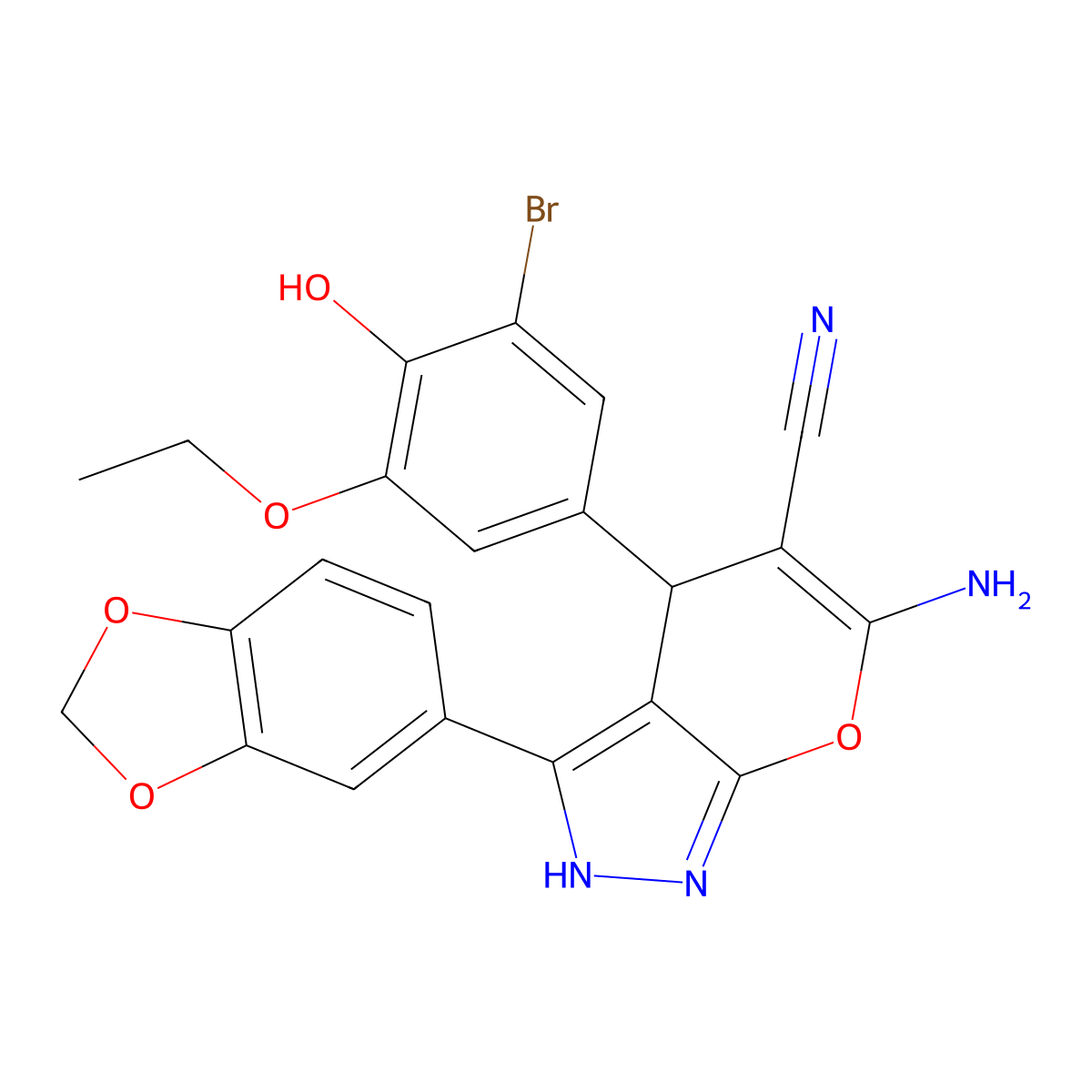 6-Amino-3-(1,3-benzodioxol-5-yl)-4-(3-bromo-5-ethoxy-4-hydroxyphenyl)-1,4-dihydropyrano(2,3-c)pyrazole-5-carbonitrile molecular structure, CAS 421584-79-4