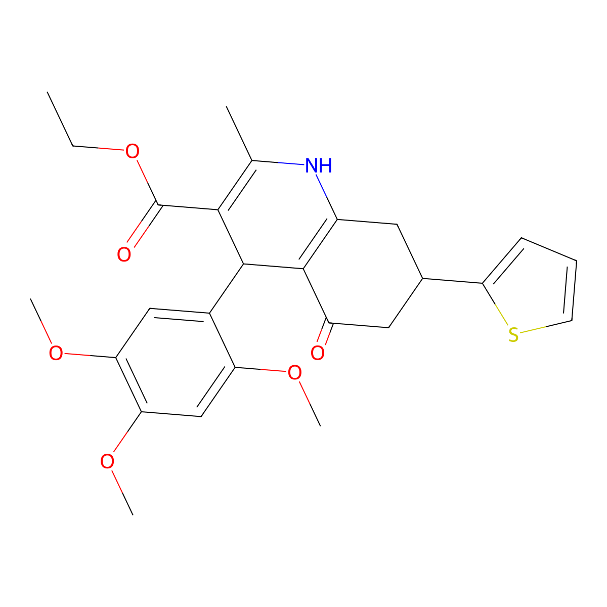 Ethyl 2-methyl-5-oxo-7-(thiophen-2-yl)-4-(2,4,5-trimethoxyphenyl)-1,4,5,6,7,8-hexahydroquinoline-3-carboxylate molecular structure, CAS 421586-42-7