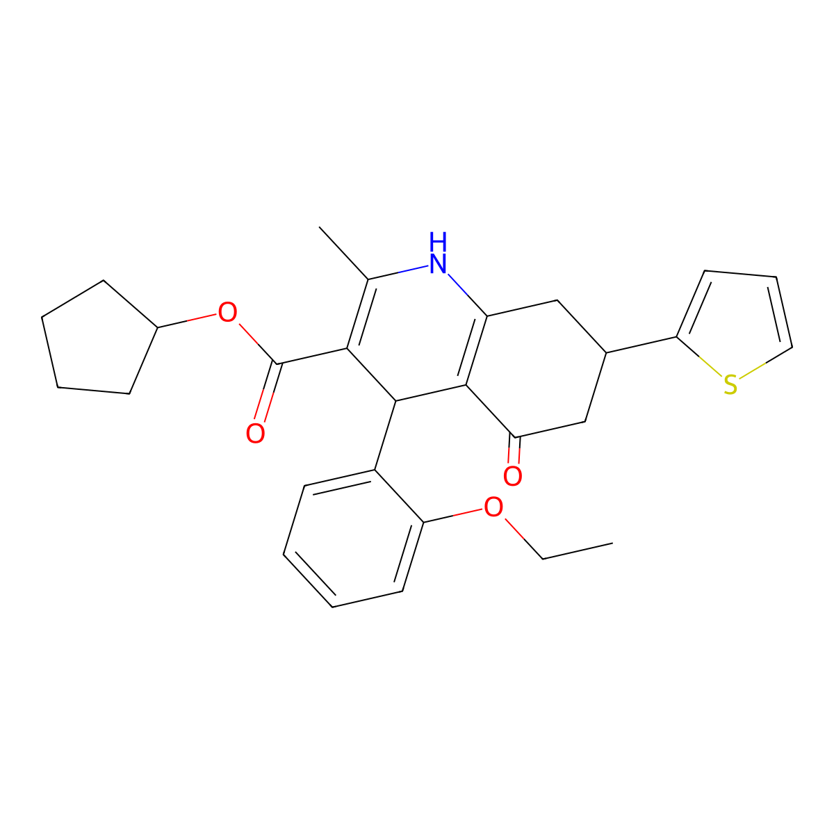 Cyclopentyl 4-(2-ethoxyphenyl)-2-methyl-5-oxo-7-(thiophen-2-yl)-1,4,5,6,7,8-hexahydroquinoline-3-carboxylate molecular structure, CAS 421586-60-9