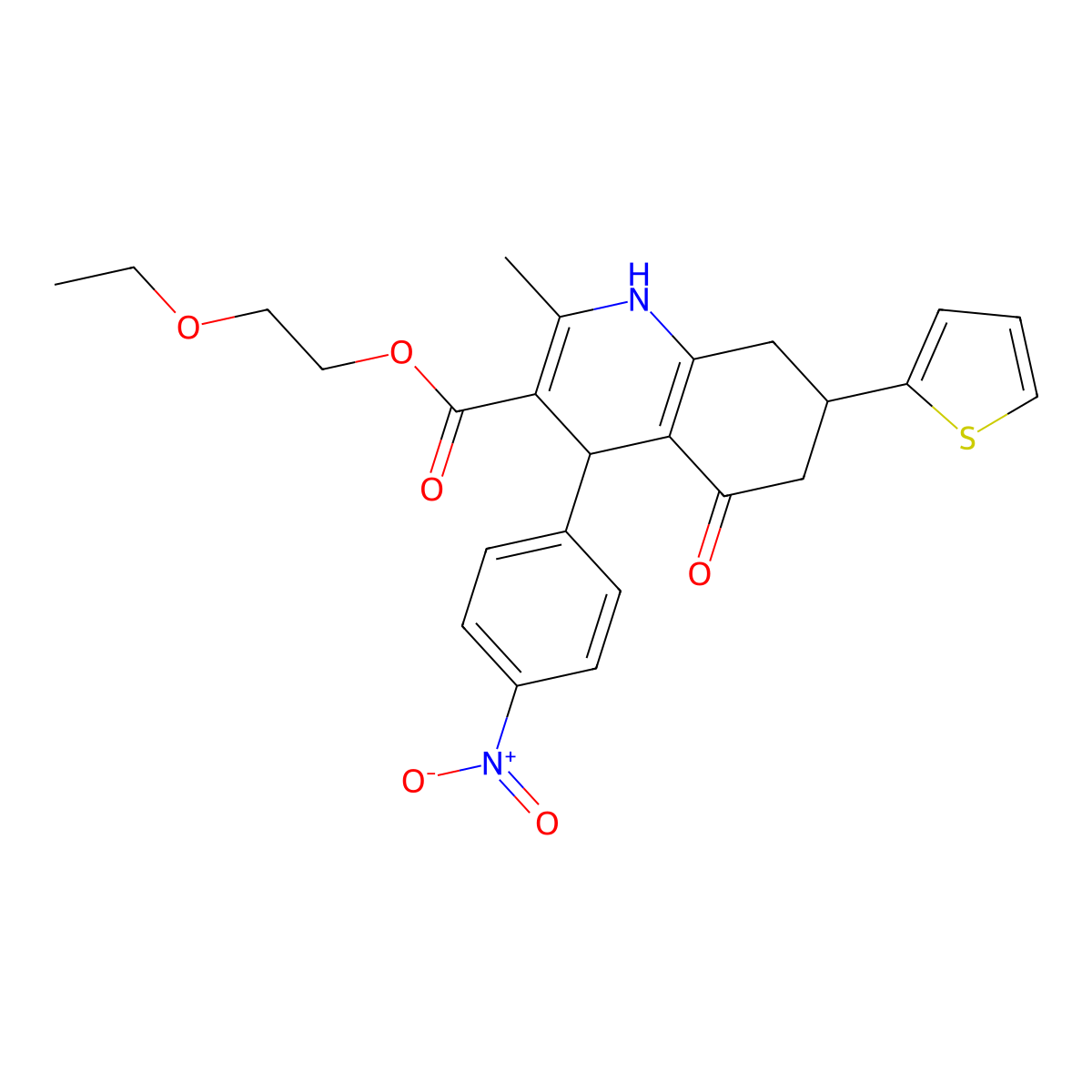 2-Ethoxyethyl 2-methyl-4-(4-nitrophenyl)-5-oxo-7-(thiophen-2-yl)-1,4,5,6,7,8-hexahydroquinoline-3-carboxylate molecular structure, CAS 421586-69-8