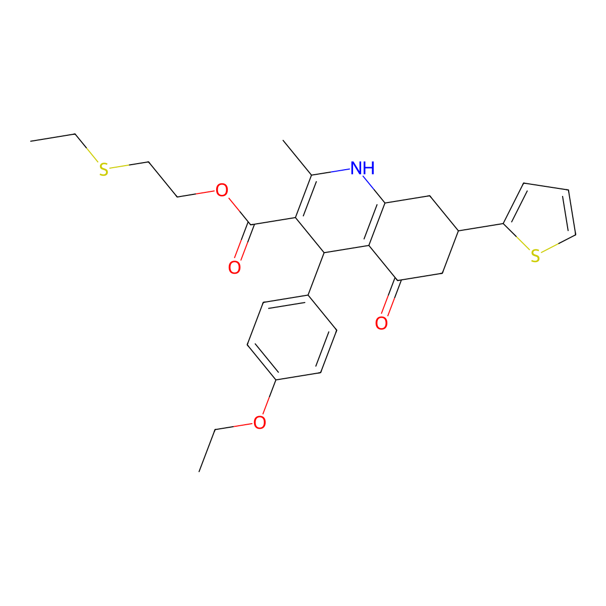 2-(Ethylsulfanyl)ethyl 4-(4-ethoxyphenyl)-2-methyl-5-oxo-7-(thiophen-2-yl)-1,4,5,6,7,8-hexahydroquinoline-3-carboxylate molecular structure, CAS 421586-70-1