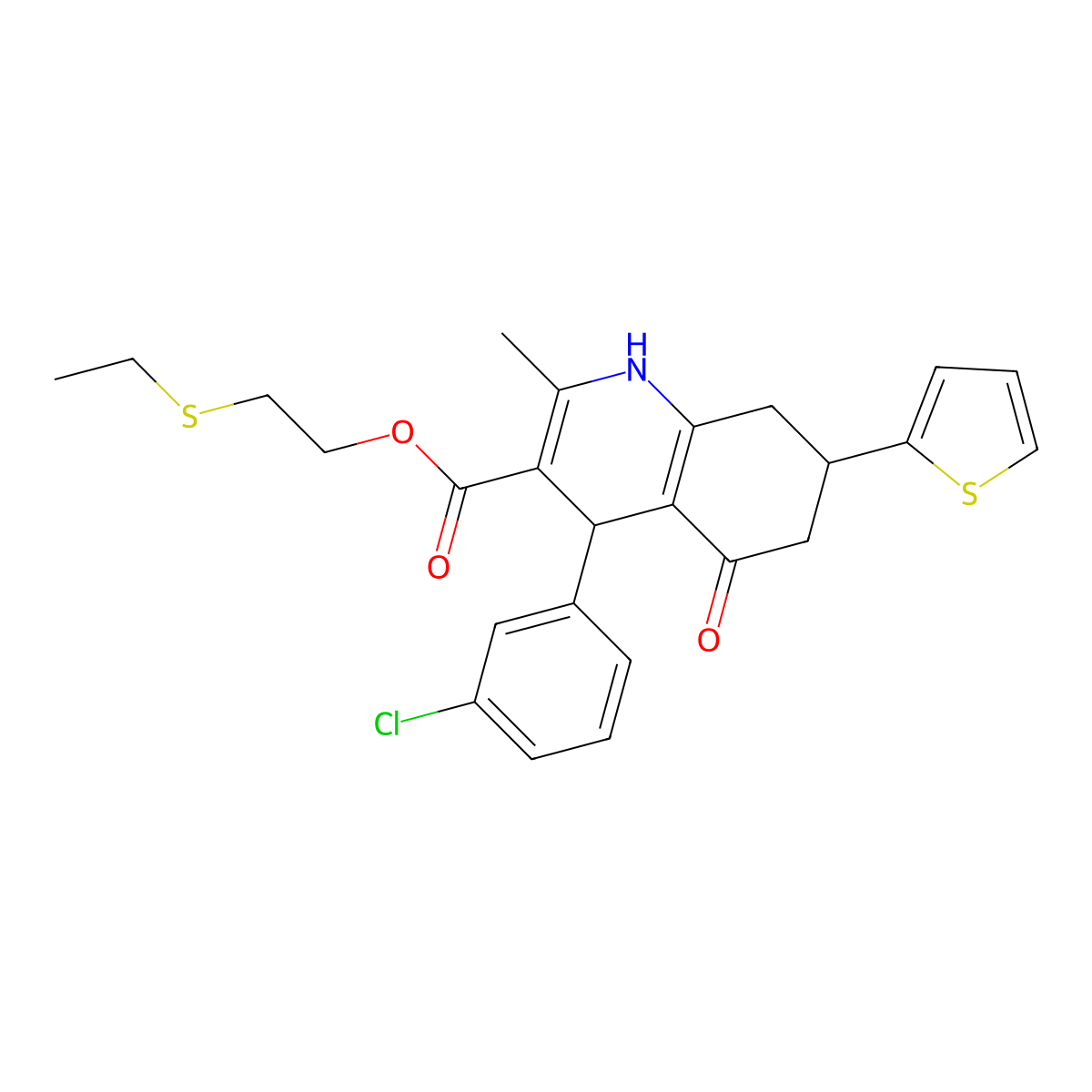 2-(Ethylsulfanyl)ethyl 4-(3-chlorophenyl)-2-methyl-5-oxo-7-(thiophen-2-yl)-1,4,5,6,7,8-hexahydroquinoline-3-carboxylate molecular structure, CAS 421586-72-3