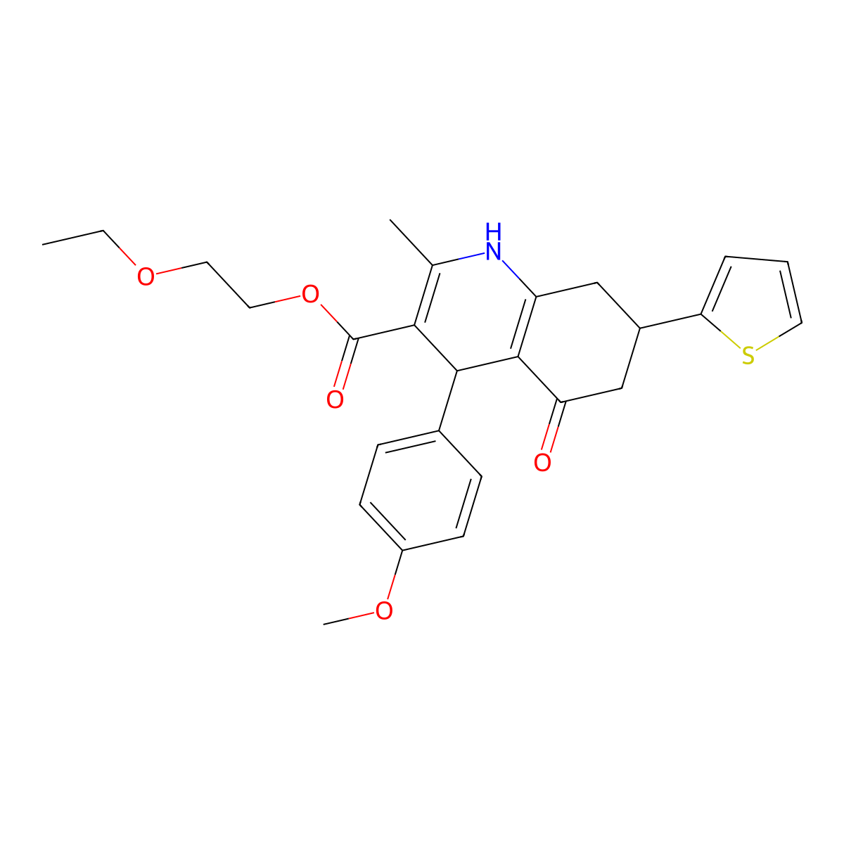 2-Ethoxyethyl 4-(4-methoxyphenyl)-2-methyl-5-oxo-7-(thiophen-2-yl)-1,4,5,6,7,8-hexahydroquinoline-3-carboxylate molecular structure, CAS 421586-77-8