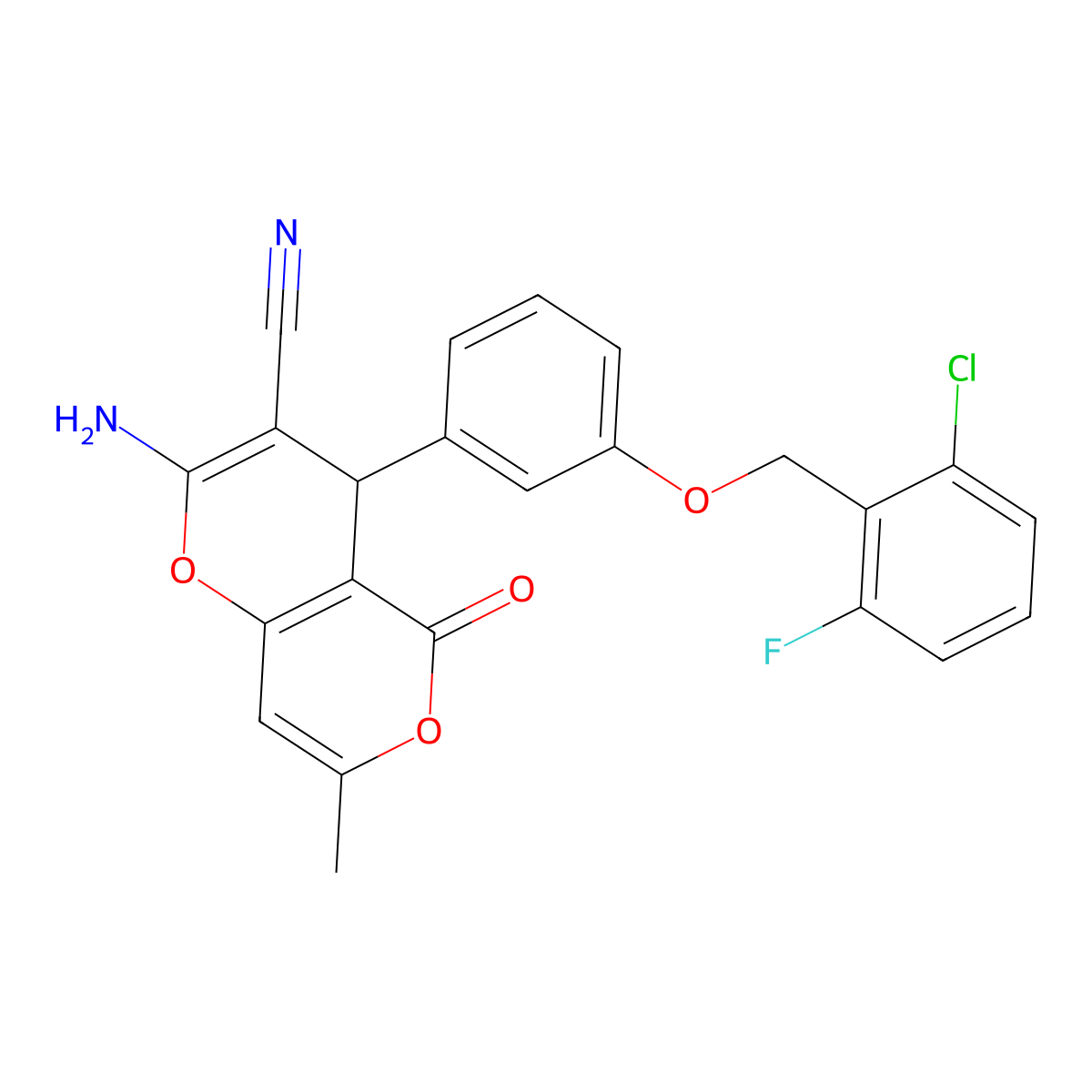 2-amino-4-[3-[(2-chloro-6-fluorophenyl)methoxy]phenyl]-7-methyl-5-oxo-4H-pyrano[3,2-c]pyran-3-carbonitrile molecular structure, CAS 421587-25-9